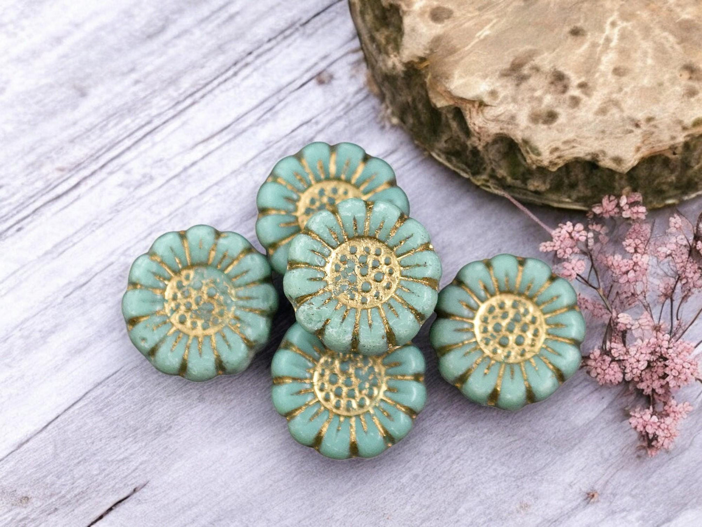 *12* 13mm Gold Washed Opaque Turquoise Sunflower Coin Beads