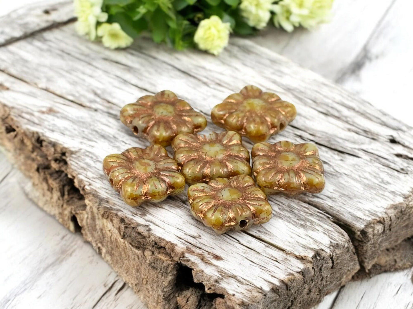Picasso Beads - Czech Glass Beads - Flower Beads - Czech Glass Flowers - Square Flowers - 11mm Flower - 13pcs - (4790)