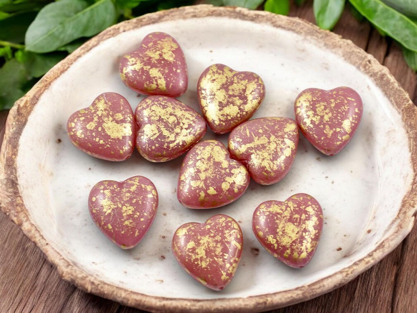 Pink Heart Beads - Czech Glass Beads - Czech Glass Heart - 14mm - 10pcs - (5097)