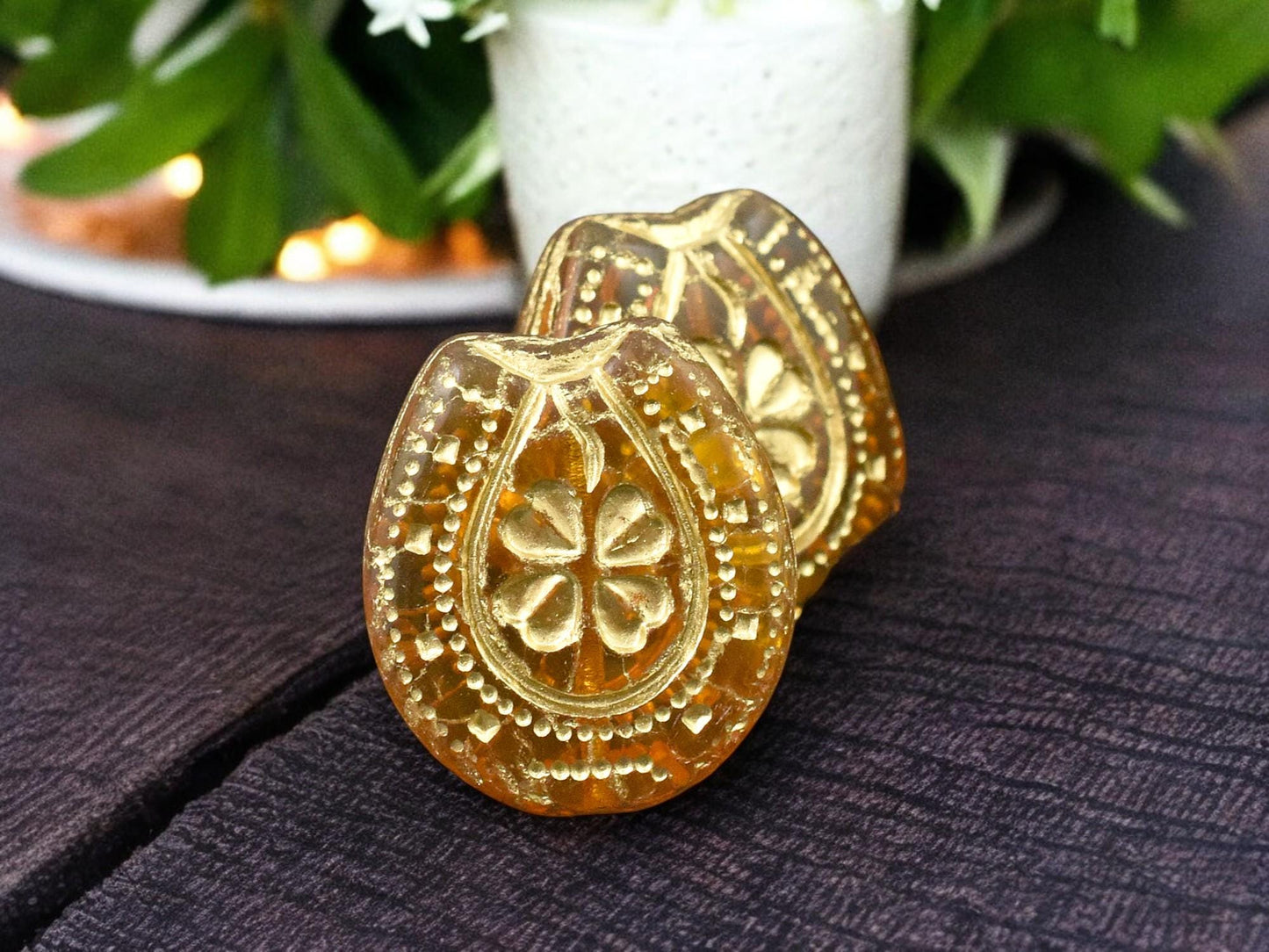 21x18mm Bronze Washed Translucent Orange Topaz Lucky Horseshoe Beads