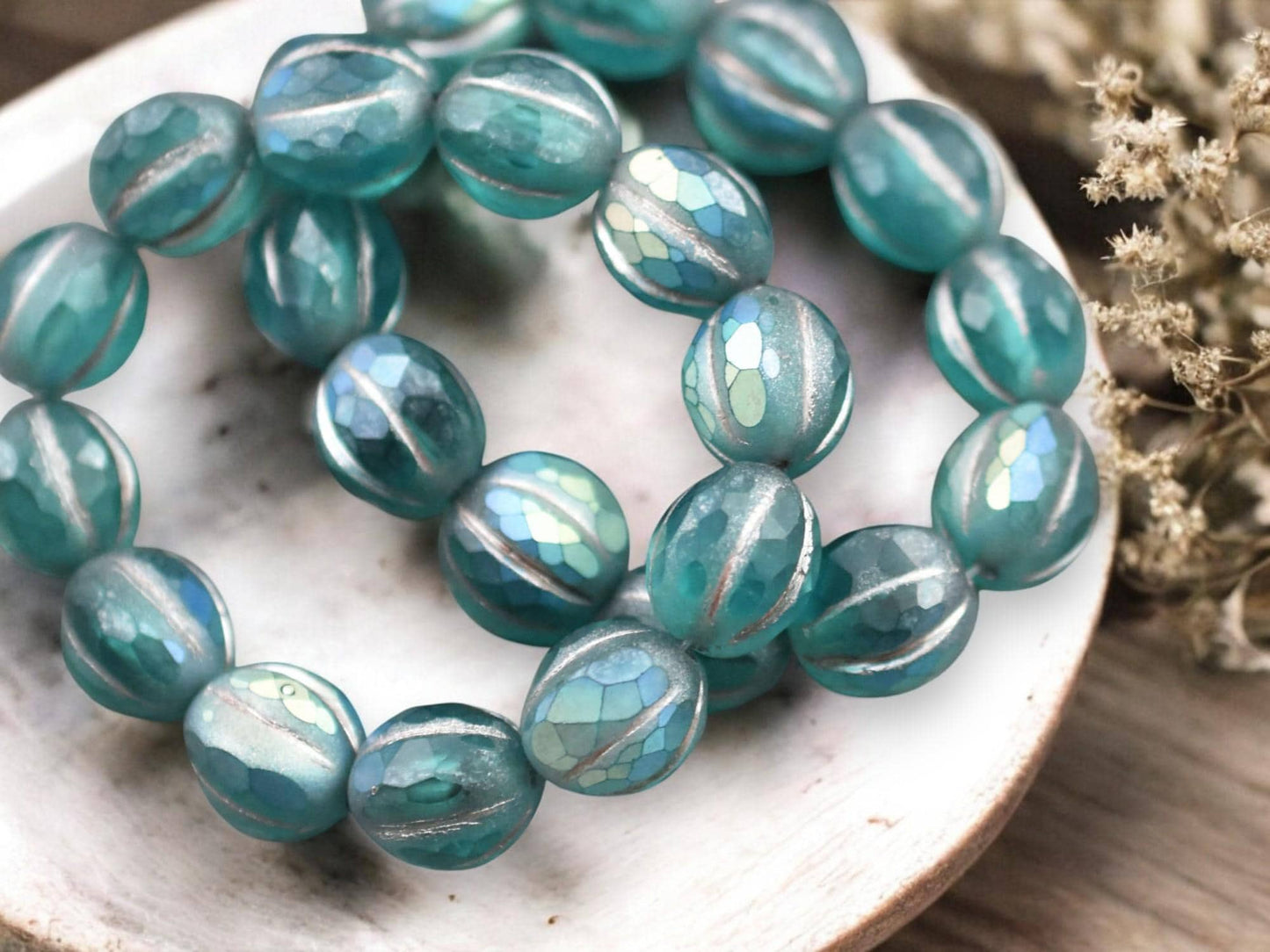 *12* 10mm Metallic Beige Washed Matte Teal AB Faceted Round Melon Beads