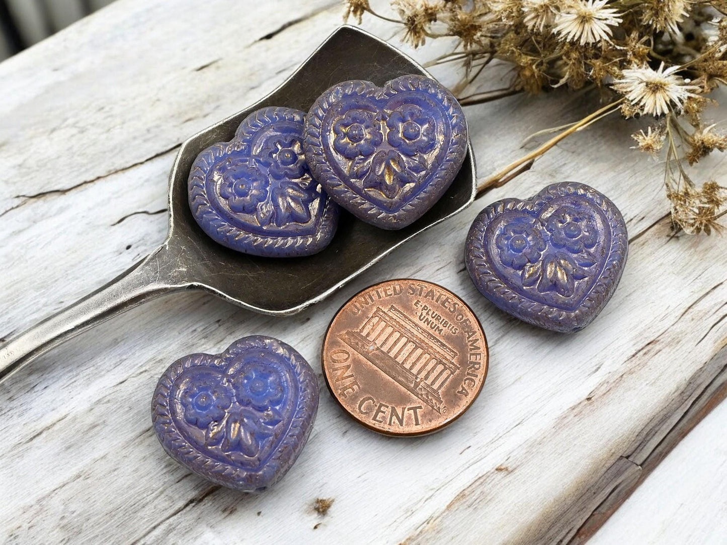 Heart Beads - Czech Glass Beads - Floral Heart Beads - Purple Beads - 17mm - 6pcs - (2446)