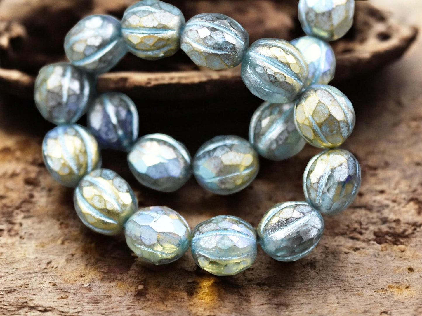 *12* 10mm Turquoise Washed Gold Lustered Crystal Faceted Round Melon Beads