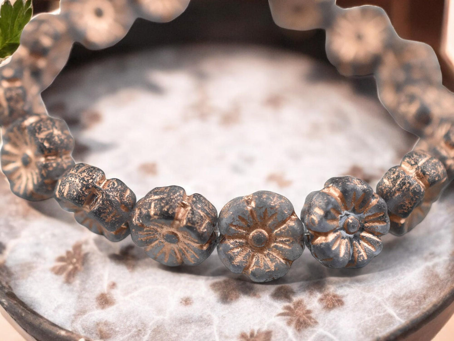 *16* 9mm Copper Washed Etched Translucent Grey Hawaiian Flower Beads
