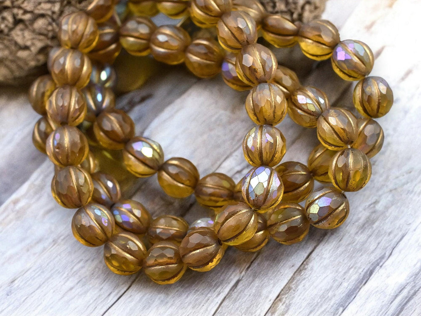 *20* 8mm Gold Washed Matte Root Beer Topaz AB Faceted Round Melon Beads