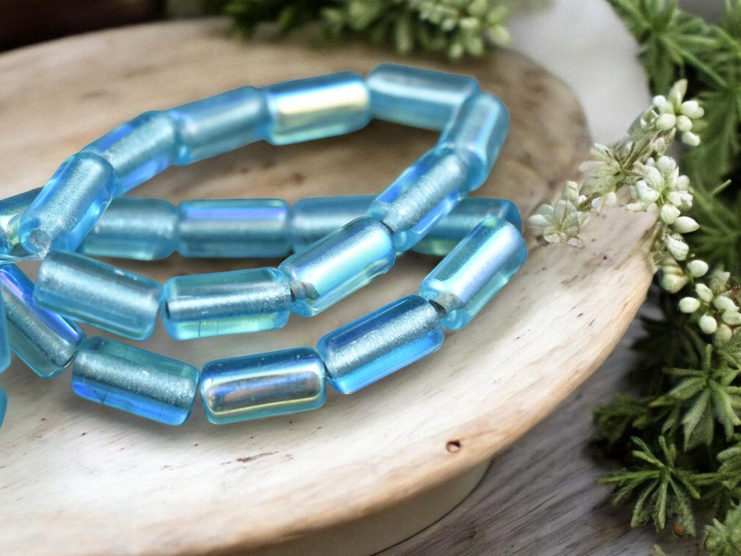 *10* 14x7mm Silver Lined Aqua AB Large Hole Tube Beads