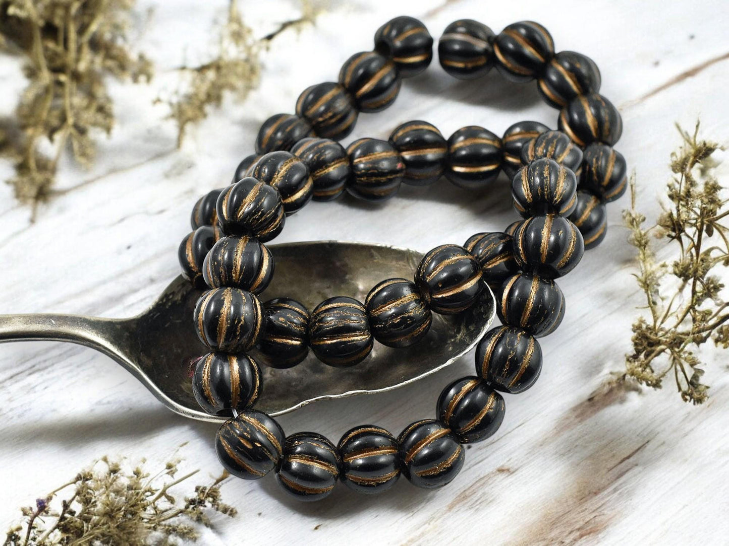 *20* 8mm Brown Washed Jet Black Large Hole Melon Beads