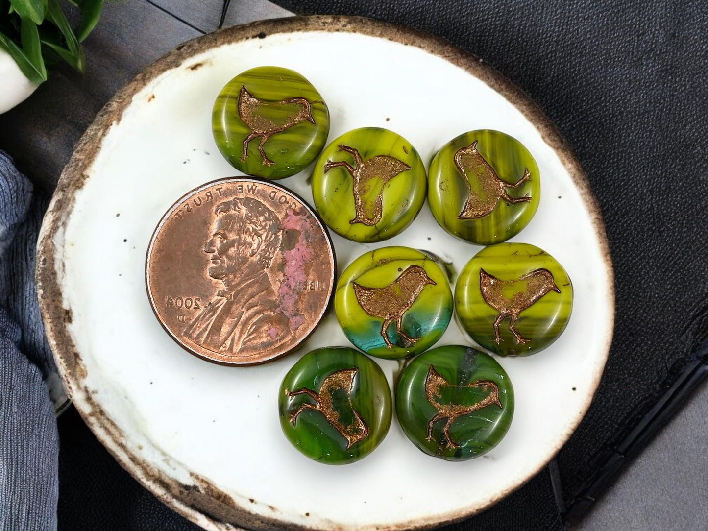 Bird Beads - Czech Glass Beads - Coin Beads - Czech Beads - Picasso Beads - Dime Beads - 15pcs - 12mm - (B410)