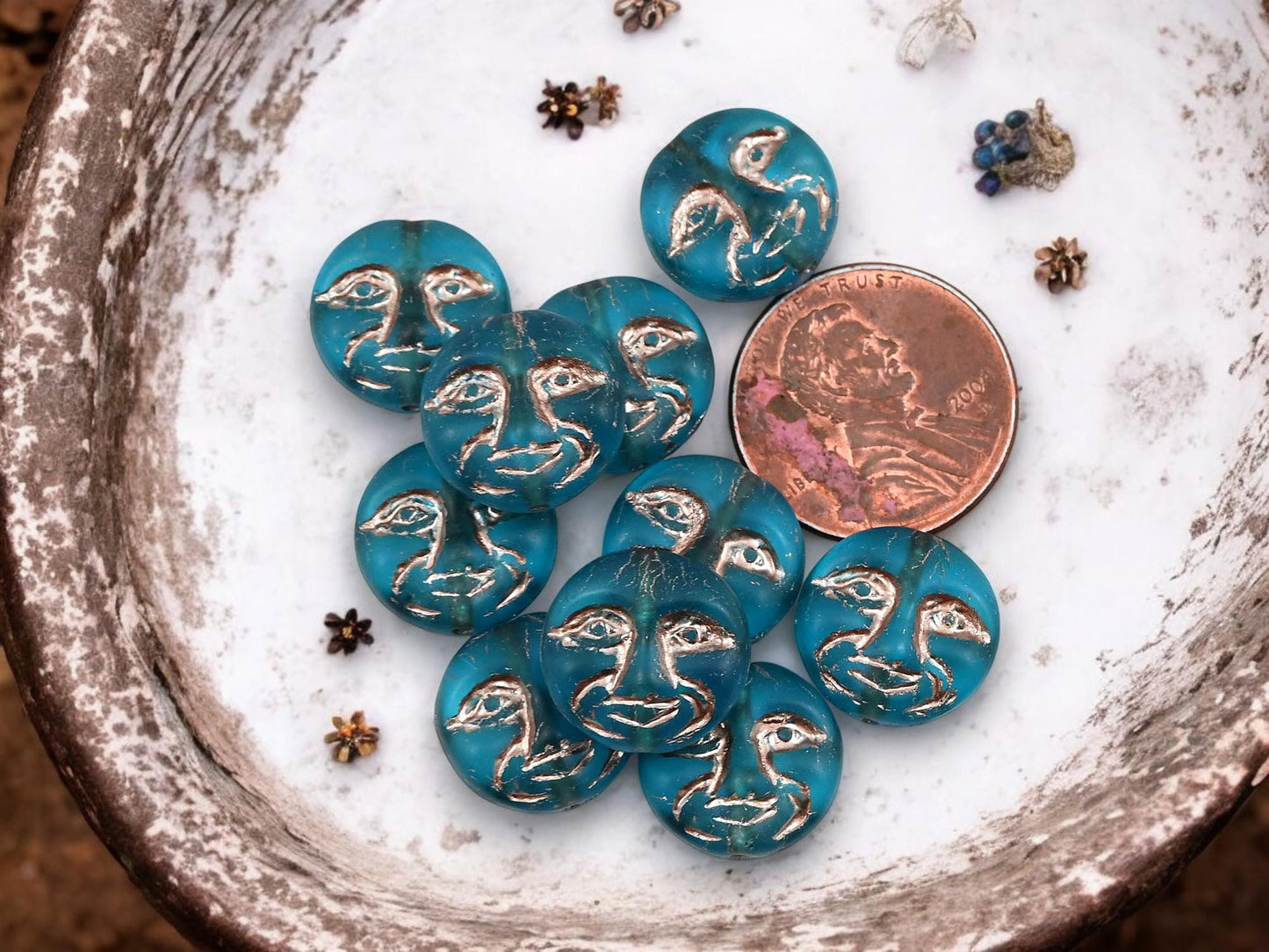 Czech Glass Beads - Moon Face Beads - Celestial Beads - Moon Beads - 15pcs - 13mm - (6145)