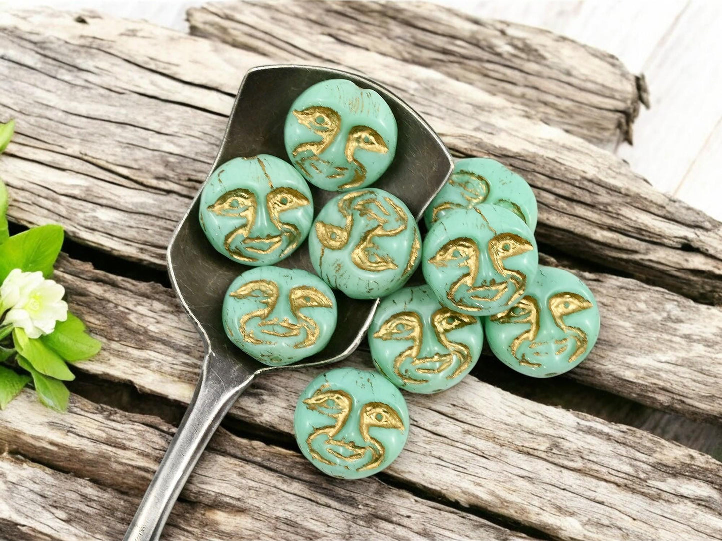 Czech Glass Beads - Moon Face Beads - Celestial Beads - Picasso Beads - Moon Beads - 15pcs - 13mm - (B424)