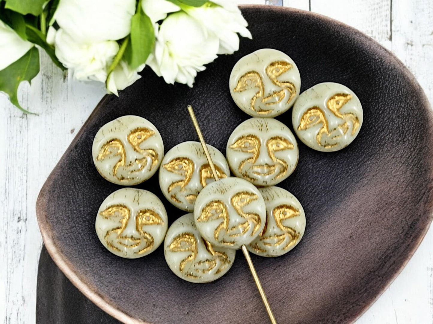 Czech Glass Beads - Moon Face Beads - Celestial Beads - Moon Beads - Picasso Beads - 15pcs - 13mm - (5378)