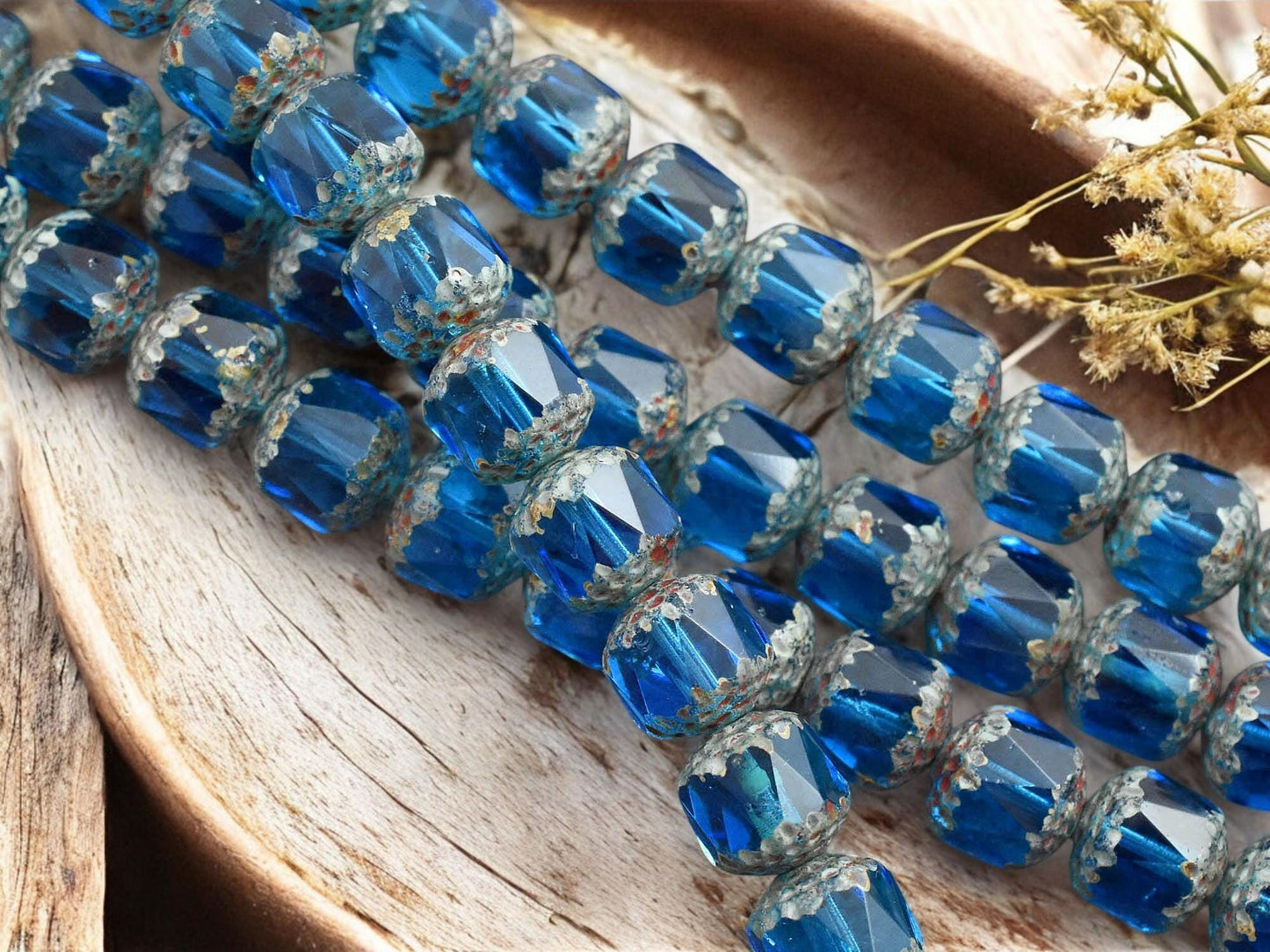 *12* 10mm Aquamarine Picasso Fire Polished Cathedral Beads