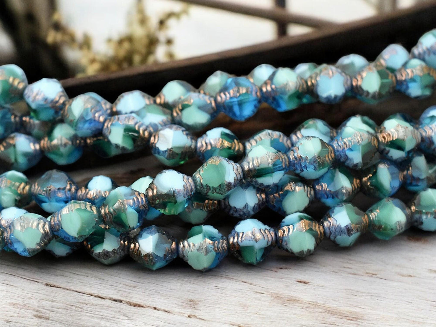 *15* 8x10mm Bronze Washed Caribbean Turquoise Faceted Bicone Beads