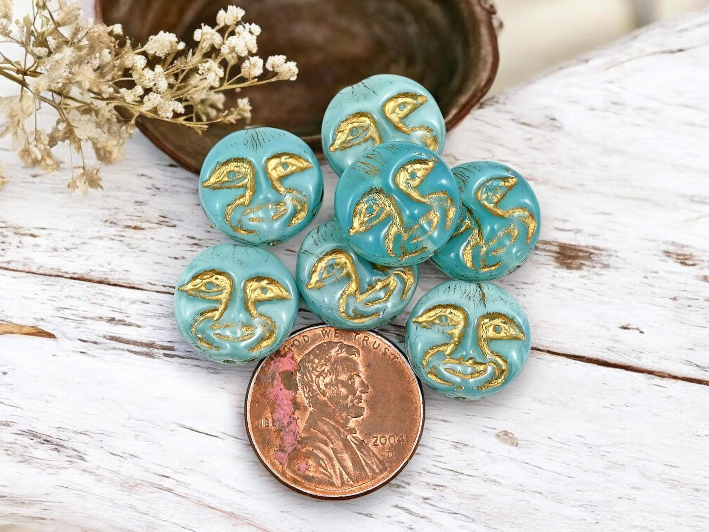 Czech Glass Beads - Moon Face Beads - Celestial Beads - Moon Beads - Picasso Beads - 15pcs - 13mm - (1282)