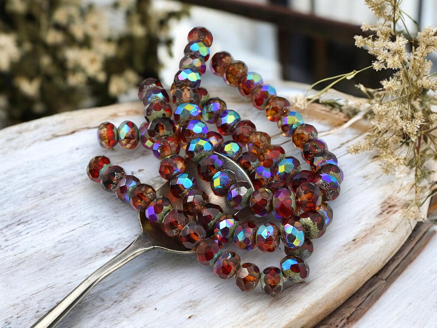 *25* Antique Silver Washed Ruby Sunset Fire Polished Rondelle Beads