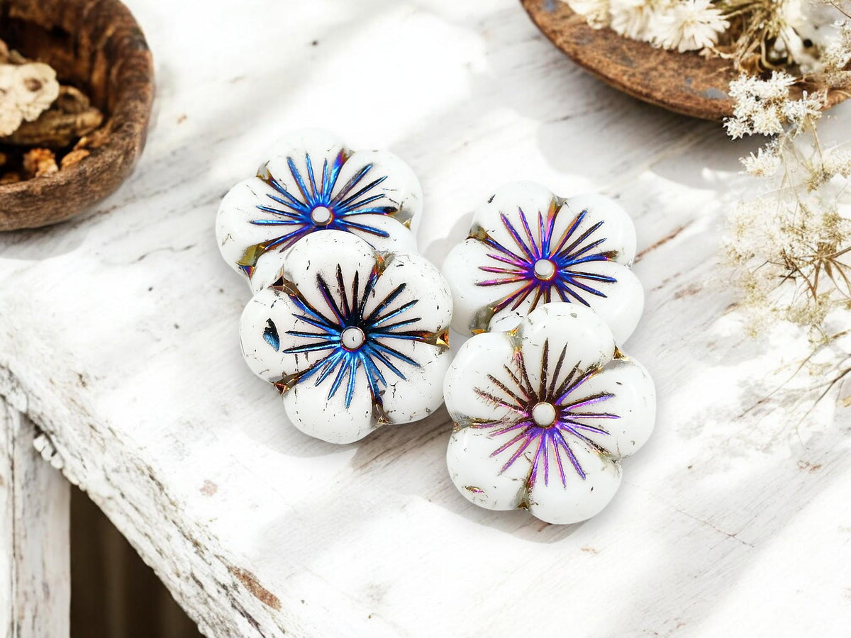 Flower Beads - Czech Glass Beads - Hibiscus Beads - Hawaiian Flower Beads - Picasso Beads - 2pcs - 21mm - (3246)