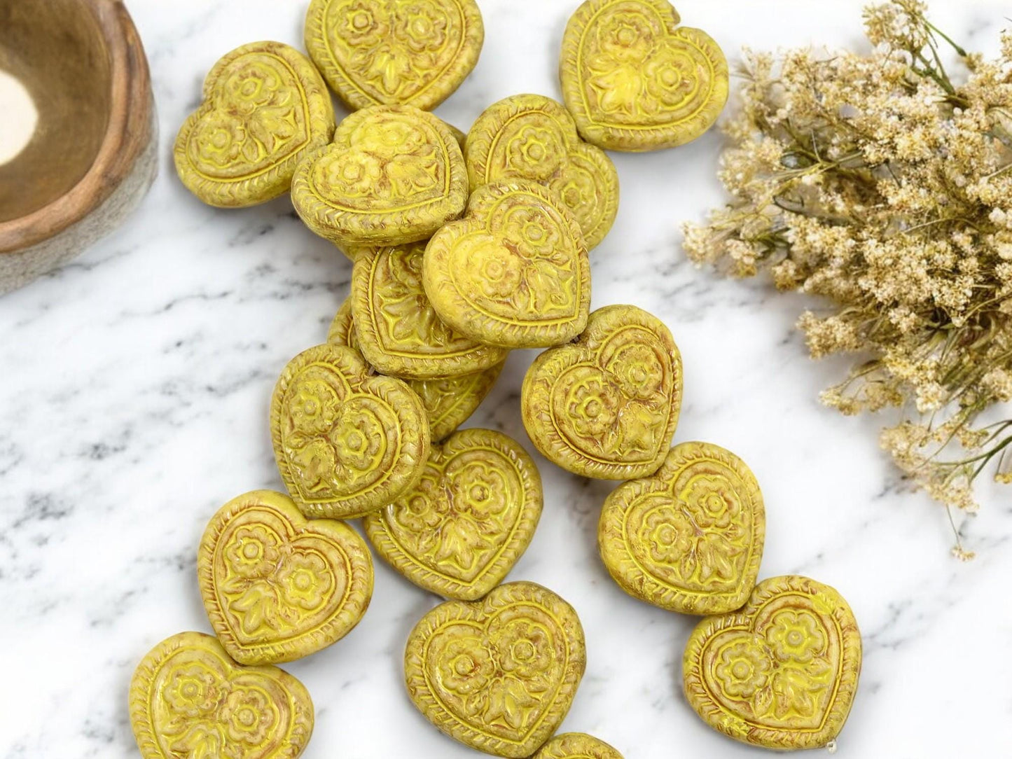 Picasso Beads - Heart Beads - Czech Glass Beads - Gold Beads - Floral Beads - 17mm - 6pcs - (4516)