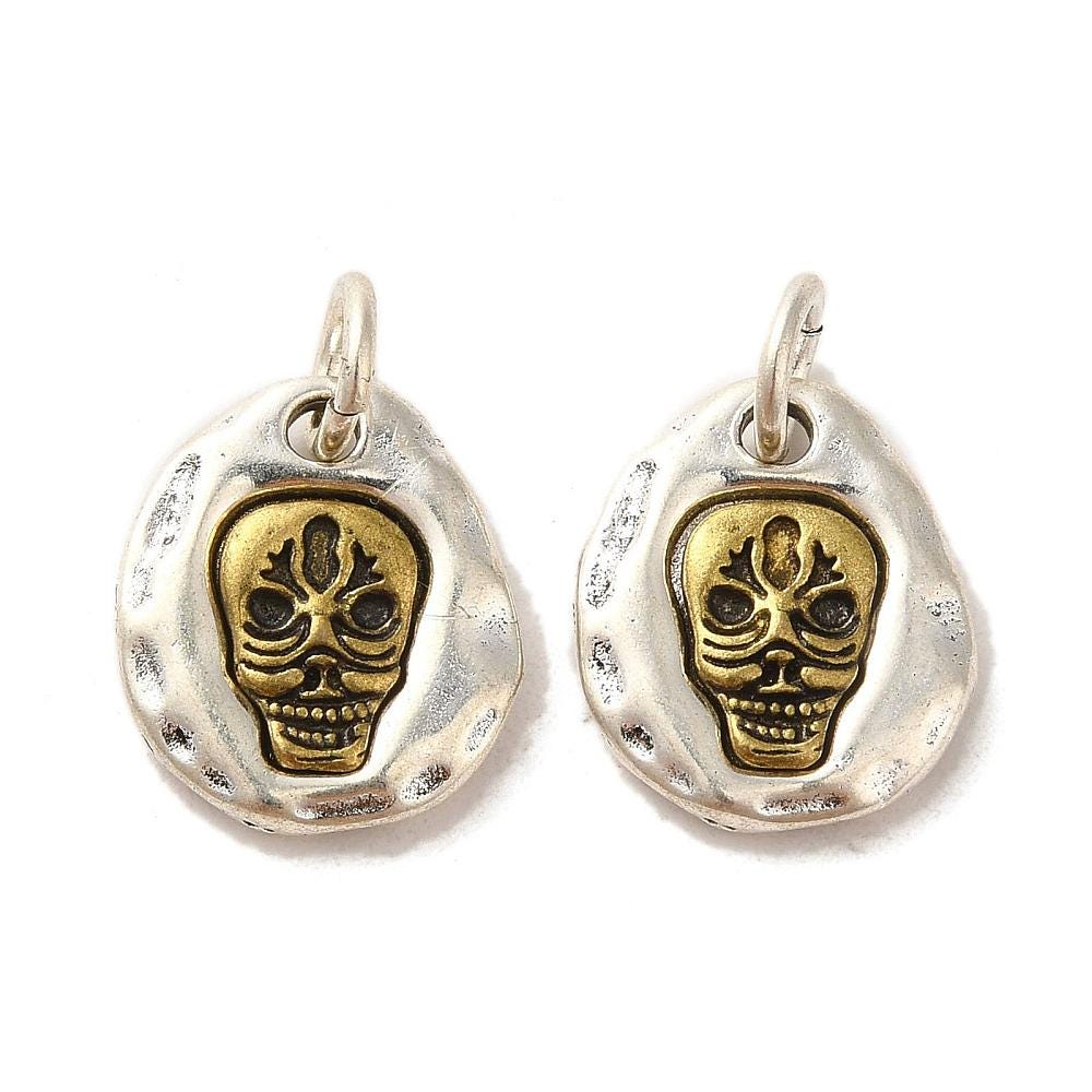 Sugar Skull Charms - Artisan Charms - Metal Charms - 2 Tone Charms - Multi Metal - 5pc - 14x12mm - 5pc - (3231)