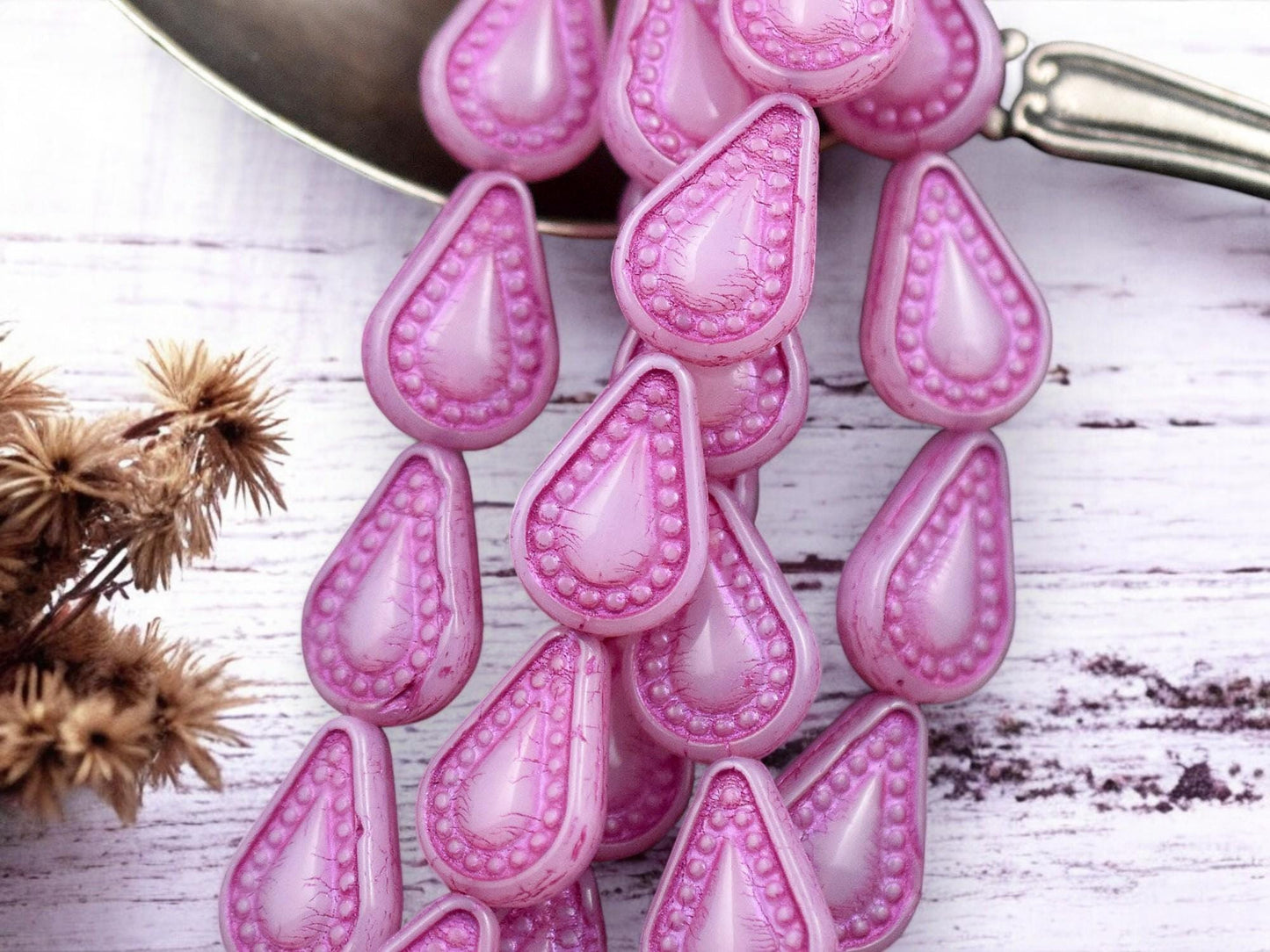 *8* 14x10mm Dark Pink Washed Pink Opaline Filigree Tear Drop Beads