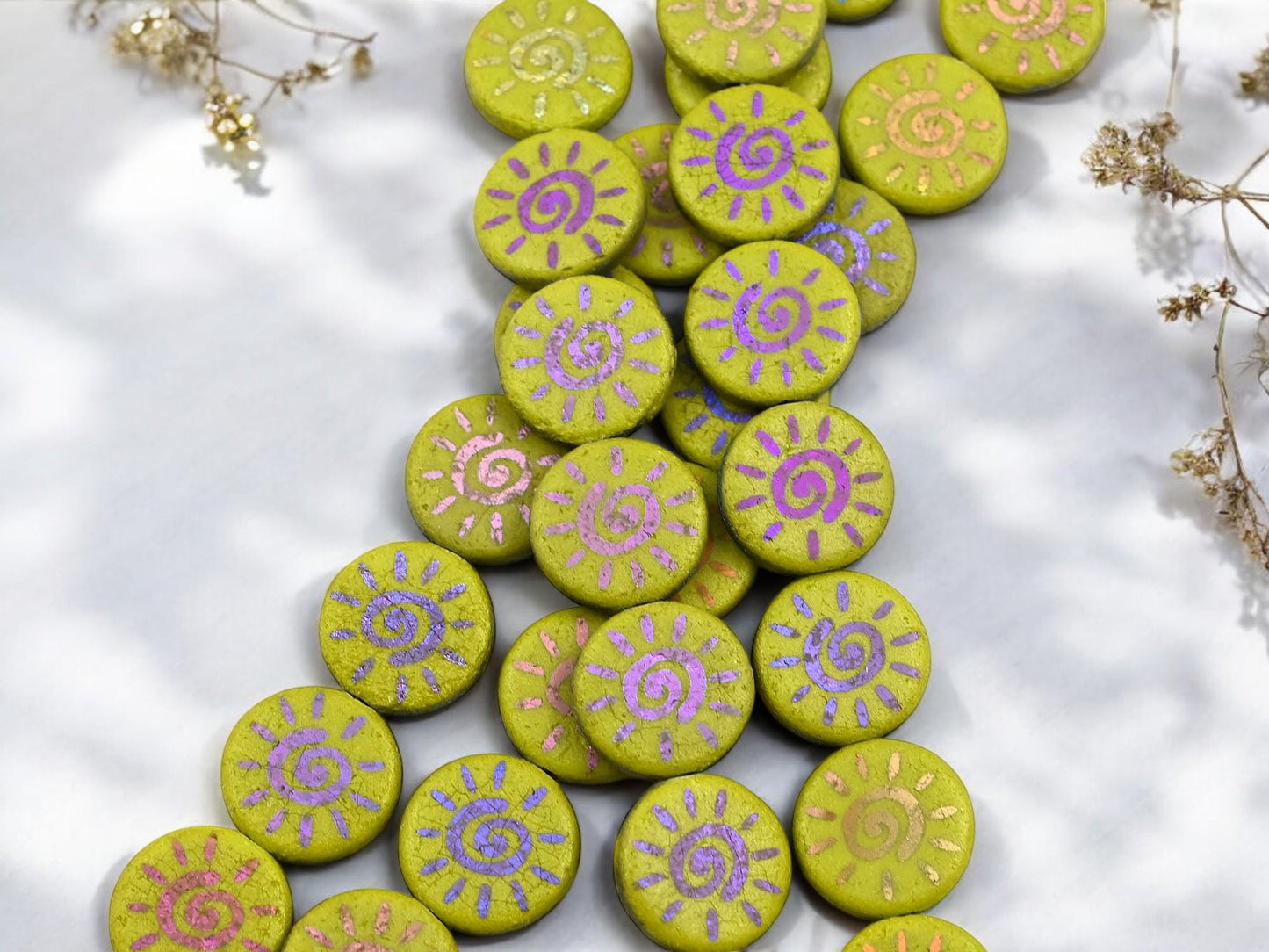 Czech Glass Beads - Laser Etched Beads - Sun Beads - Laser Etched Beads - 14mm - 8pcs - (3692)