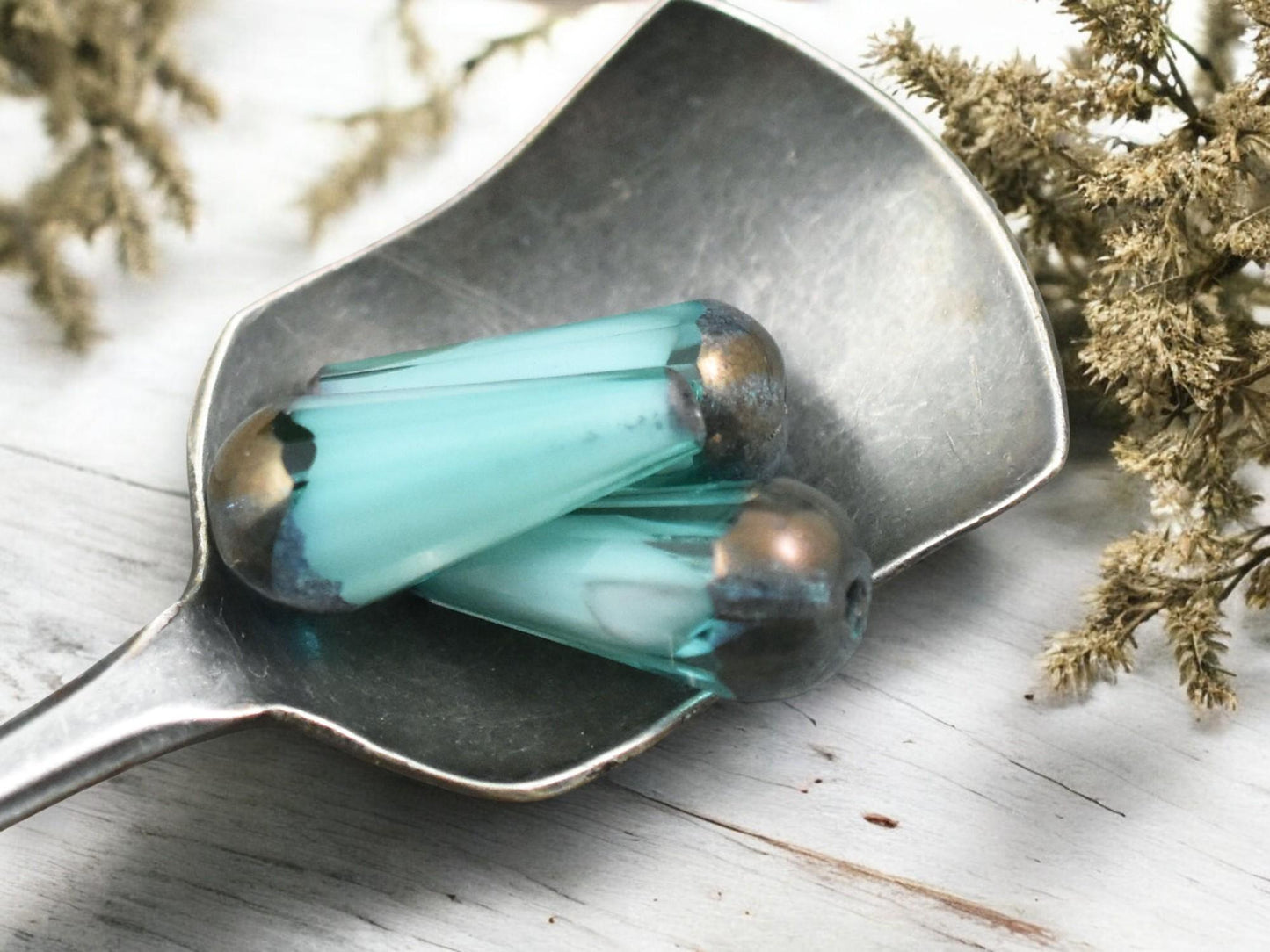 *6* 8x20mm Bronze Tipped Aqua Cloud Faceted Drop Beads