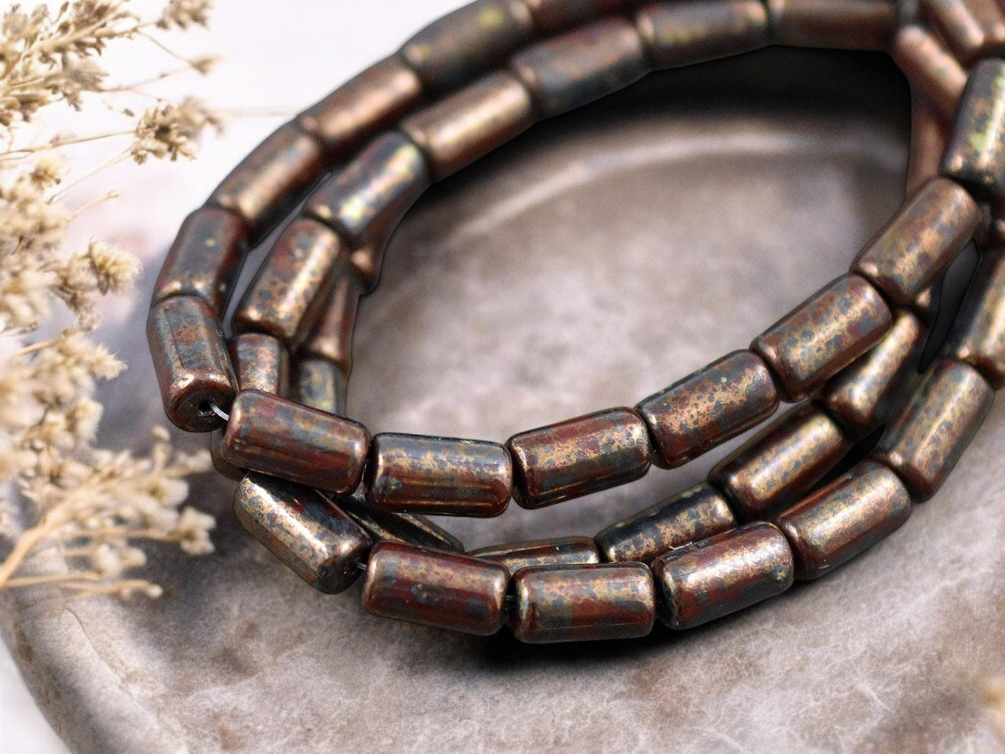 *16* 9x5mm Bronze Washed Oxblood Red Tube Beads