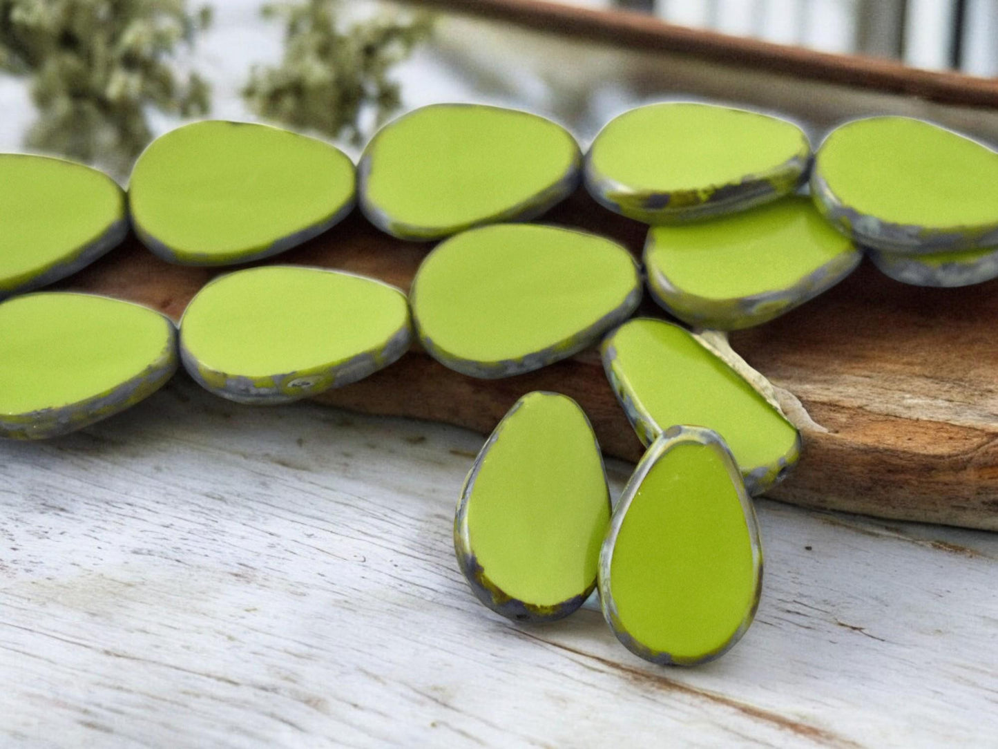 12x18mm Opaque Advacado Green Picasso Table Cut Flat Teardrop Beads