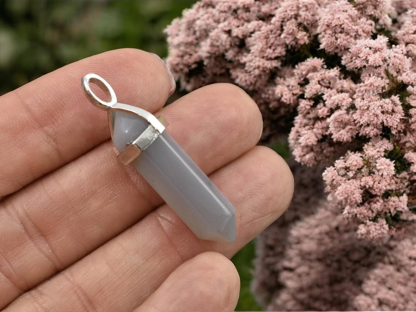 40mm Platinum Tone Natural Grey Agate Double Terminated Bullet Pendant