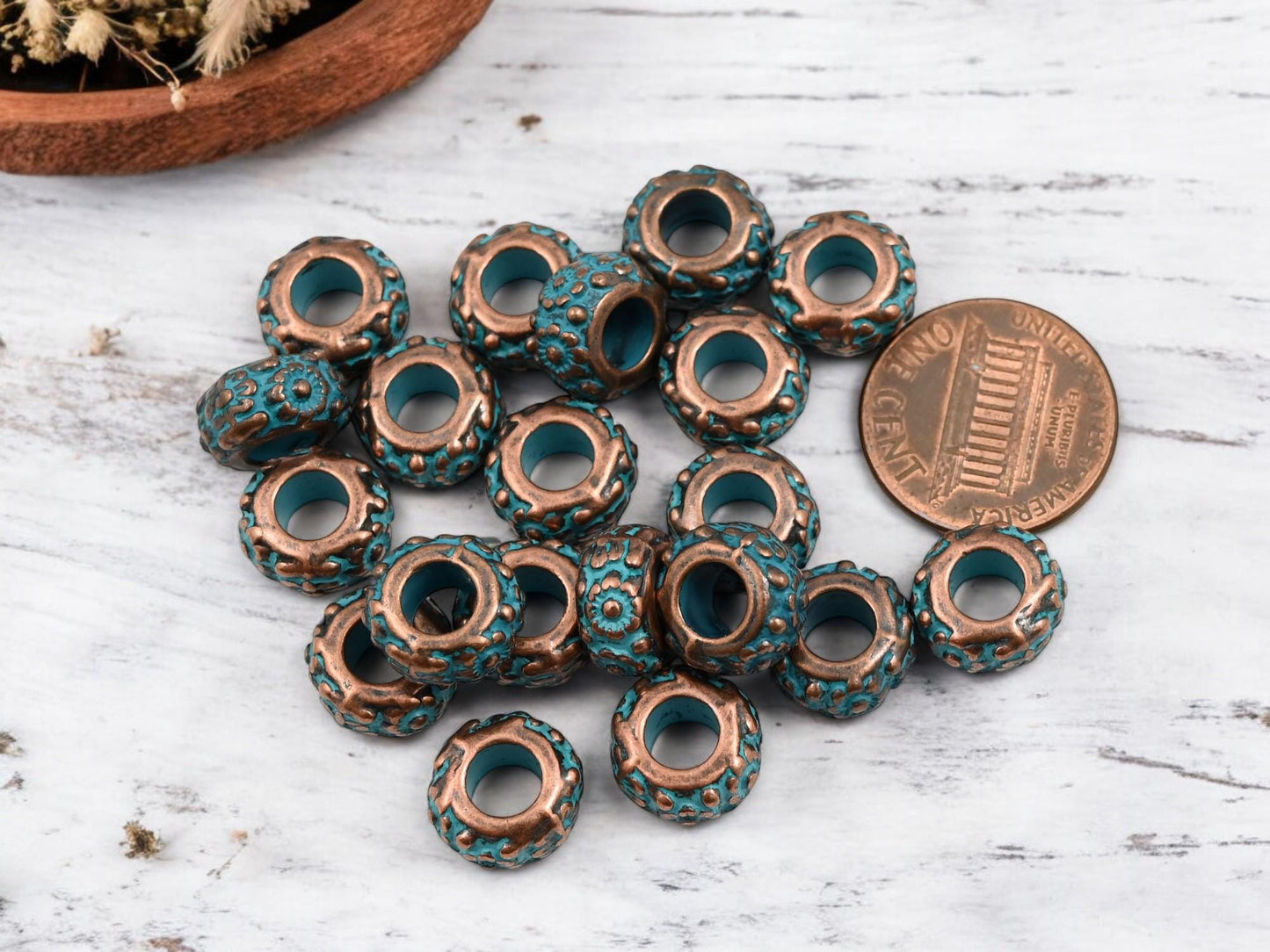 Metal Beads - Large Hole Beads - Patina Beads - Copper Beads - Spacer Beads - Metal Spacers - 11x6mm - 20pcs - (B283)