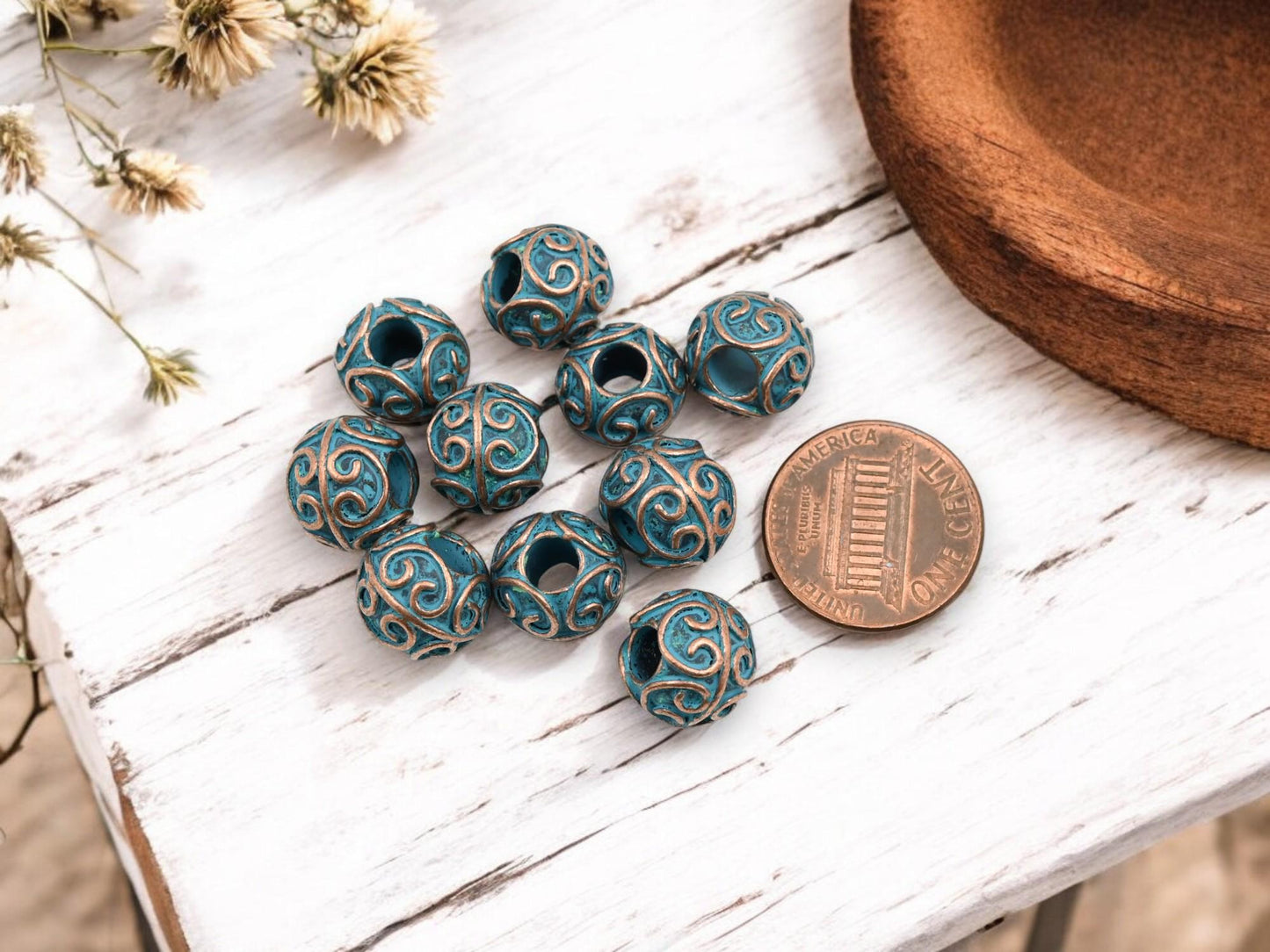 Metal Beads - Large Hole Beads - Patina Beads - Copper Beads - Spacer Beads - Metal Spacers - 11x10mm - 10pcs - (2563)