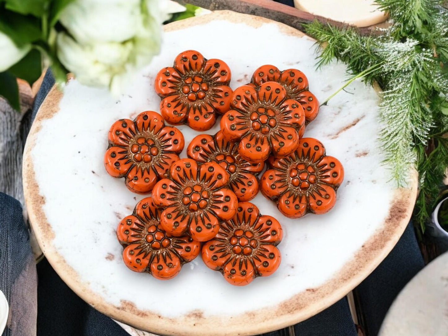 Czech Glass Beads - 14mm Flower Beads - Picasso Beads - Wild Flower Beads - Orange Flowers - 14mm - 12pcs - (6179)