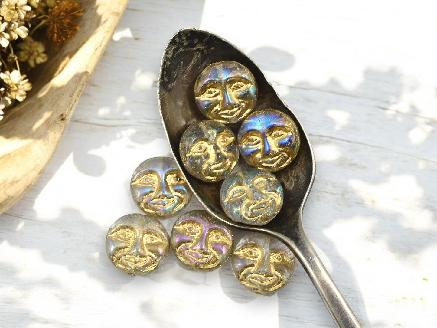 Czech Glass Beads - Moon Face Beads - Celestial Beads - Moon Beads - 15pcs - 13mm - (A54)