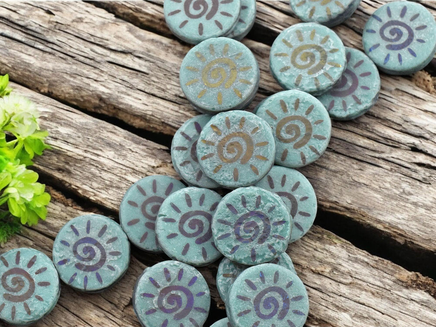 *8* 14mm Acid Etched Opaque Dark Turquoise Sliperit Laser Tattoo Sun Coin Beads