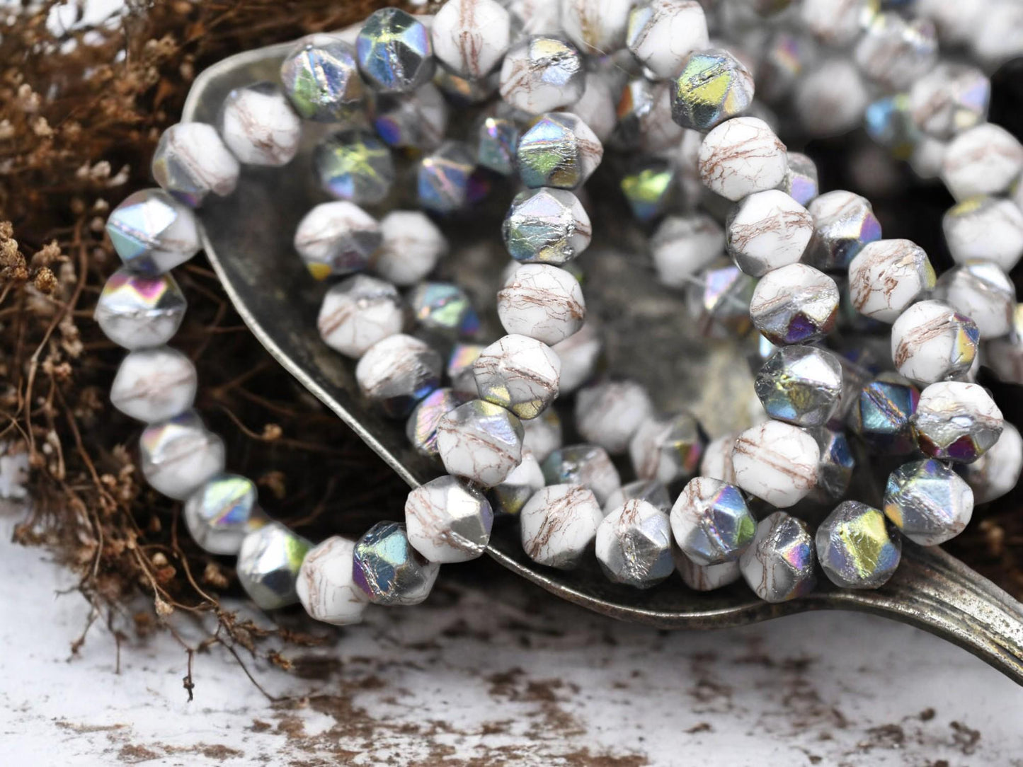 Metallic Beige Washed Alabaster White AB Antique Cut Round Beads -- Choose Your Size