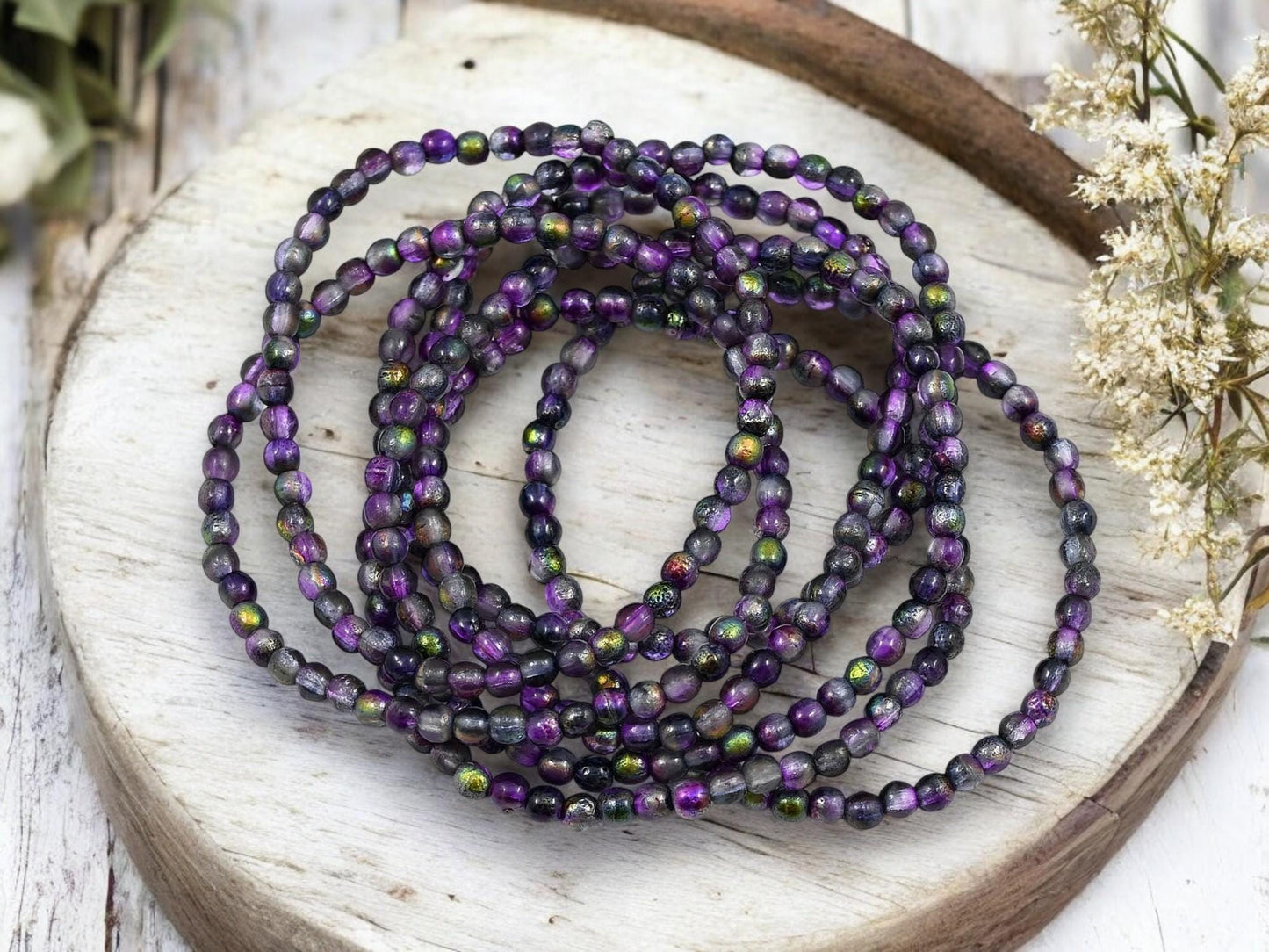 *50* 3mm Etched Mystic Purple Round Druk Beads