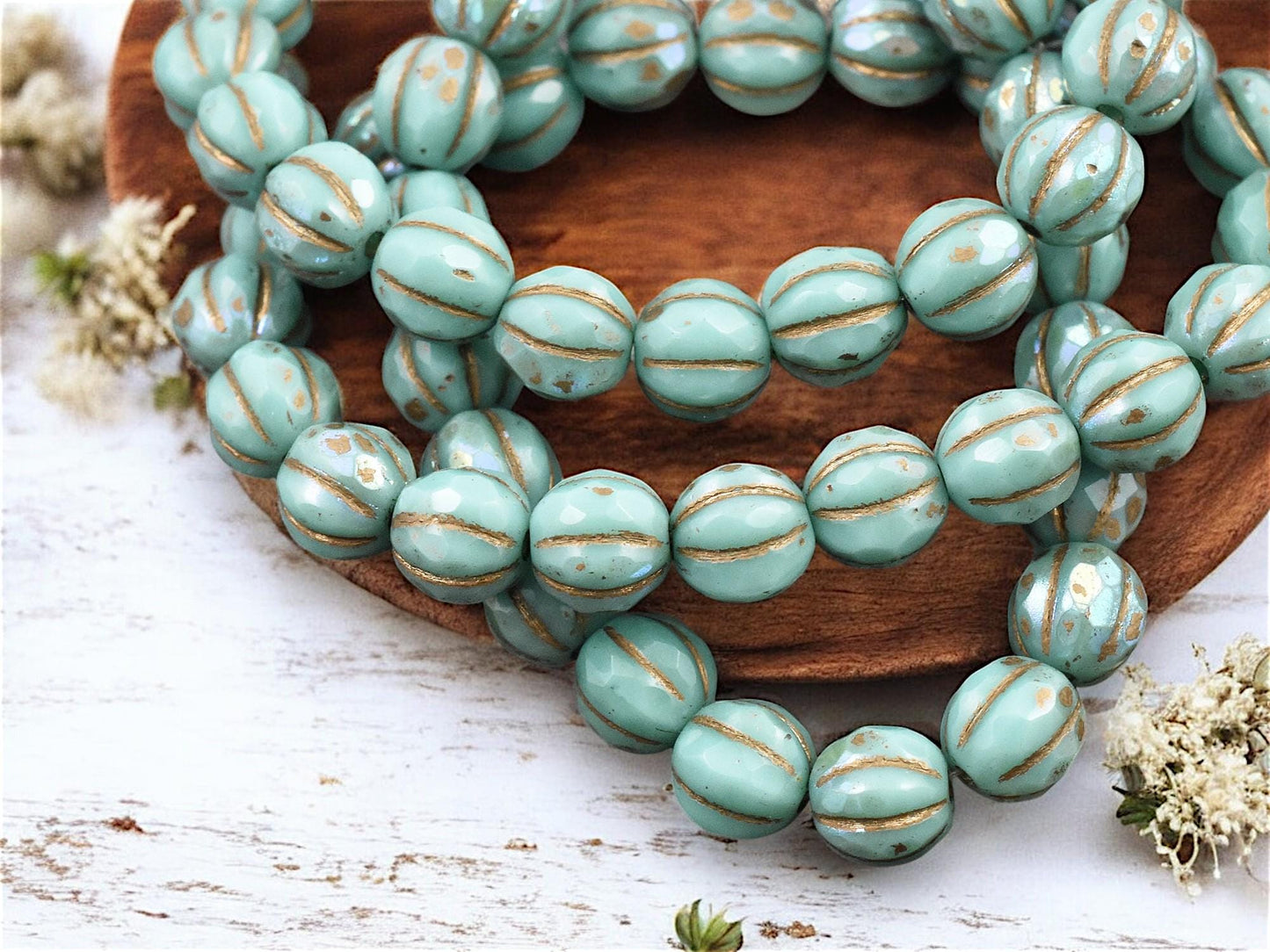 *20* 8mm Gold Washed Turquoise AB Faceted Round Melon Beads