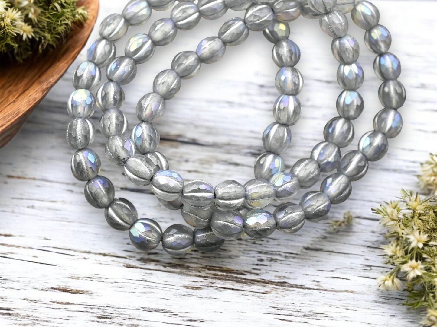 *25* 6mm Silver Washed Matte Grey AB Faceted Round Melon Beads