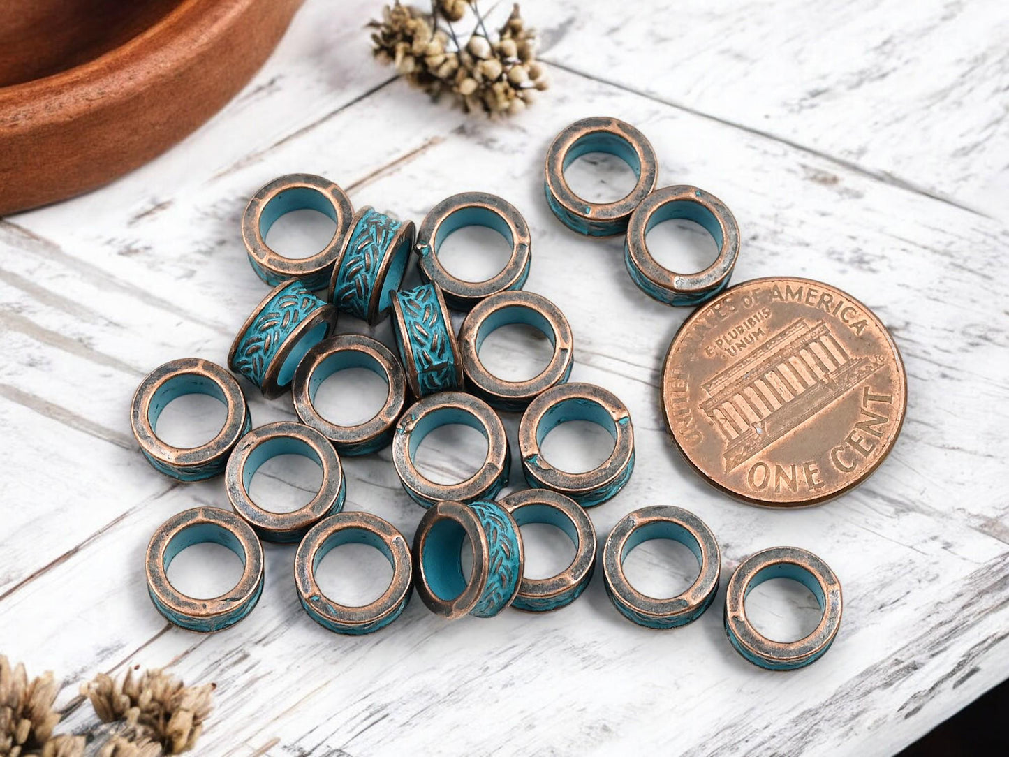 Metal Beads - Large Hole Beads - Patina Beads - Copper Beads - Spacer Beads - Metal Spacers - 9x4mm - 20pcs - (B180)