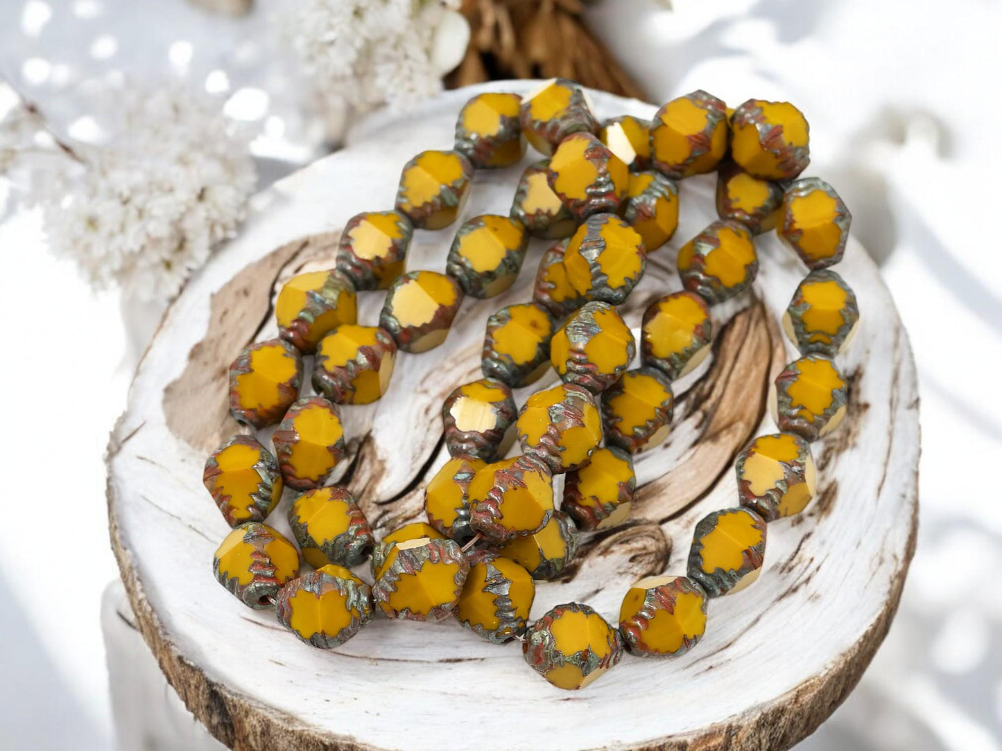 *15* 10x8mm Brown Washed Opaque Pumpkin Picasso Faceted Bicone Beads