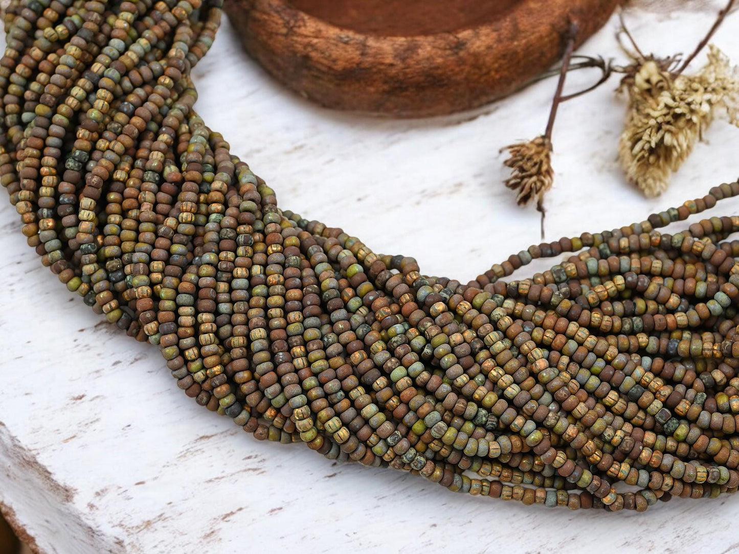 Picasso Seed Beads - Aged Picasso Beads - Czech Glass Beads - Size 8 Seed Beads - 8/0 - 20" Strand - (B243)