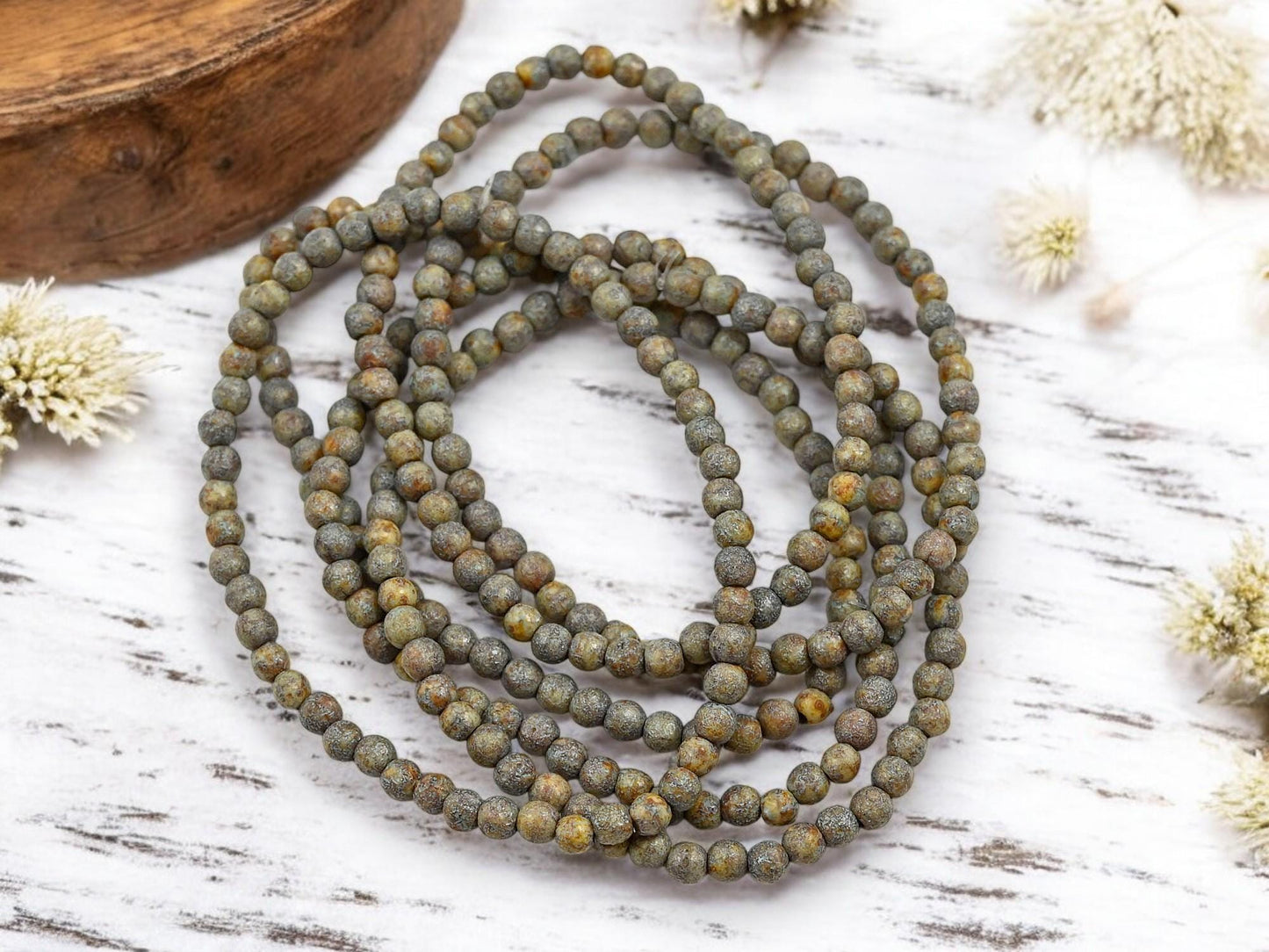 *50* 4mm Turquoise Etched Honey Beige Picasso Round Druk Beads
