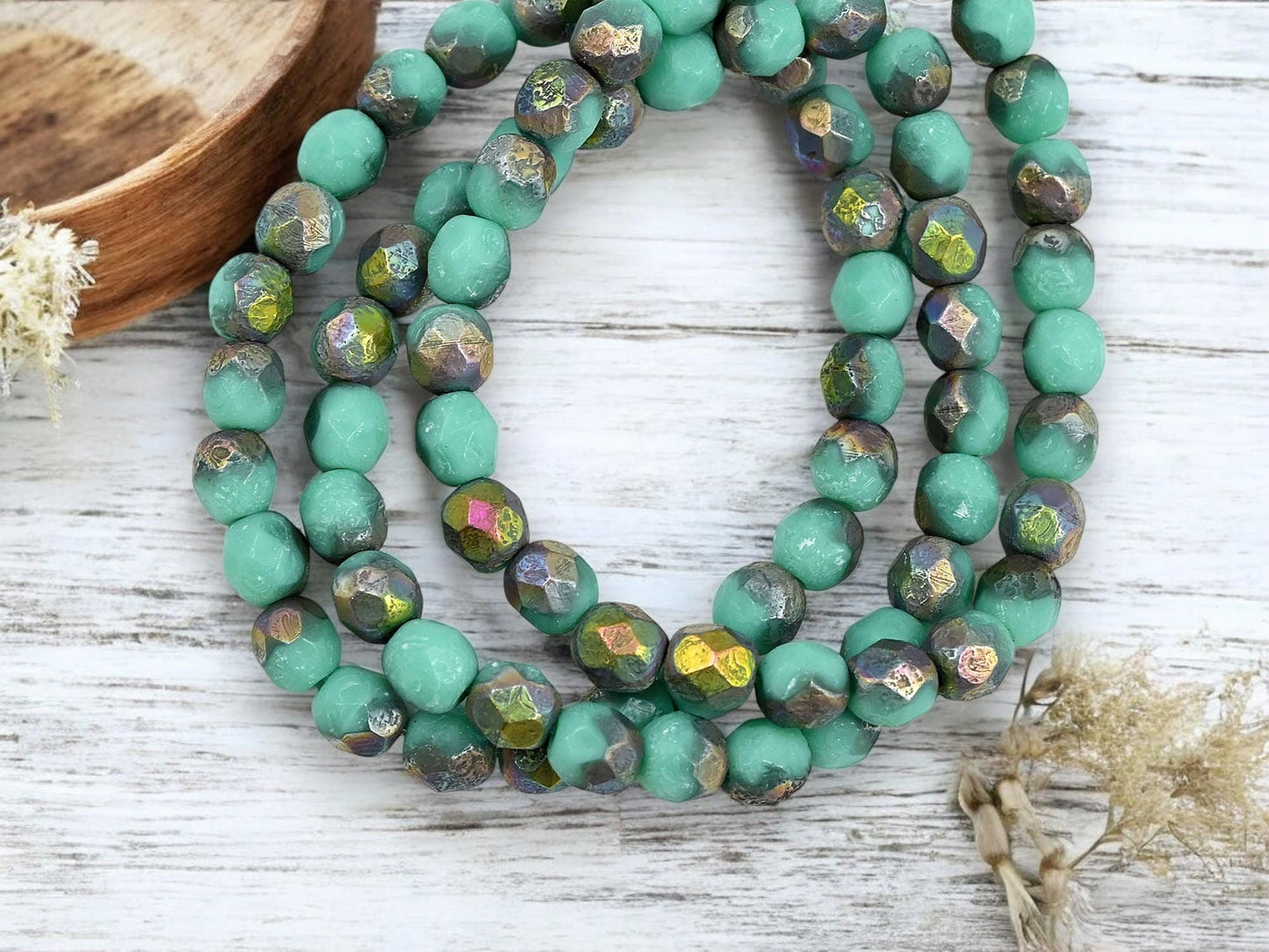 *25* 6mm Metallic Rainbow Etched Opaque Turquoise Fire Polished Round Beads