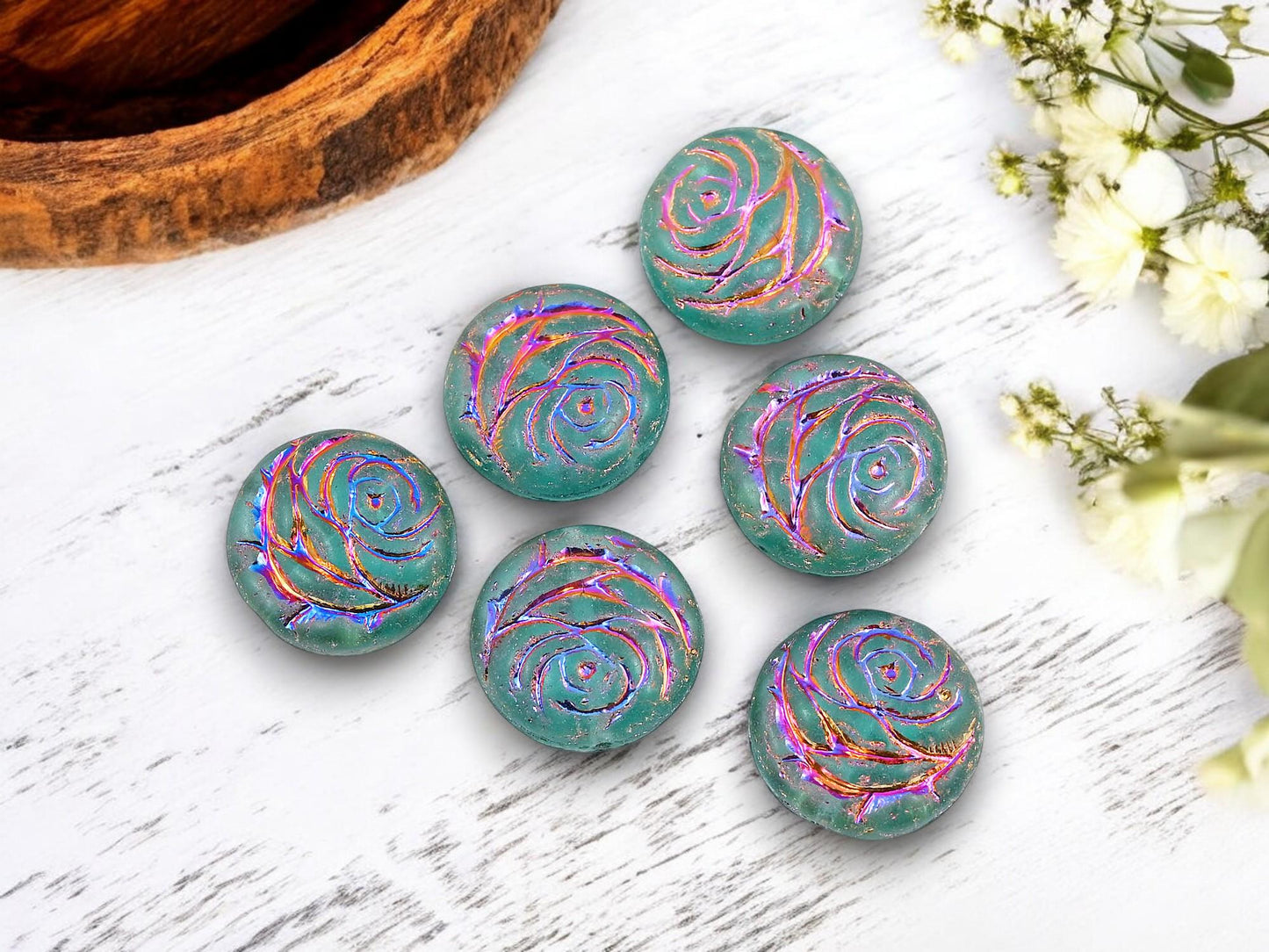 Czech Glass Beads - Flower Beads - Floral Bead - Rose Beads - Flower Coin Bead - 17mm - 6pcs - (2692)