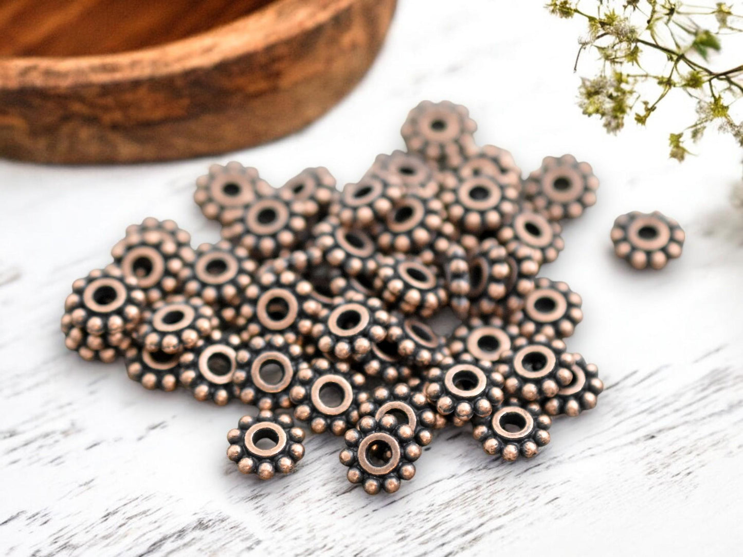 7mm Antique Copper Daisy Spacer Beads -- Choose Your Quantity