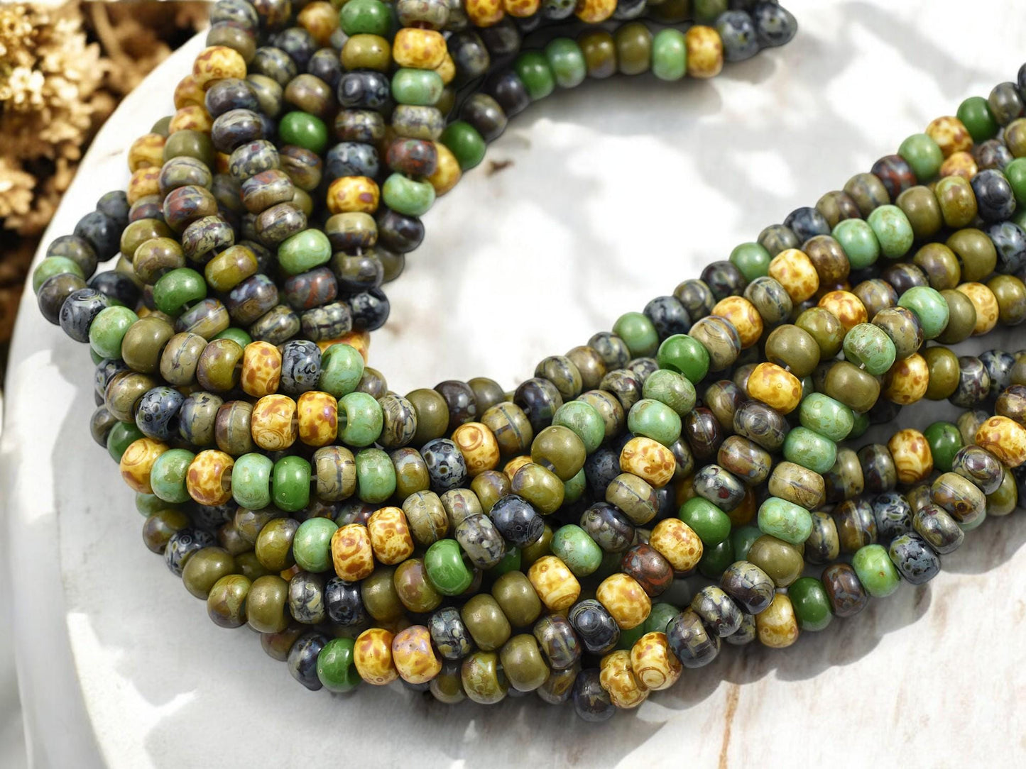 2/0 Aged Jade Picasso Mix Seed Beads (21" Strand)