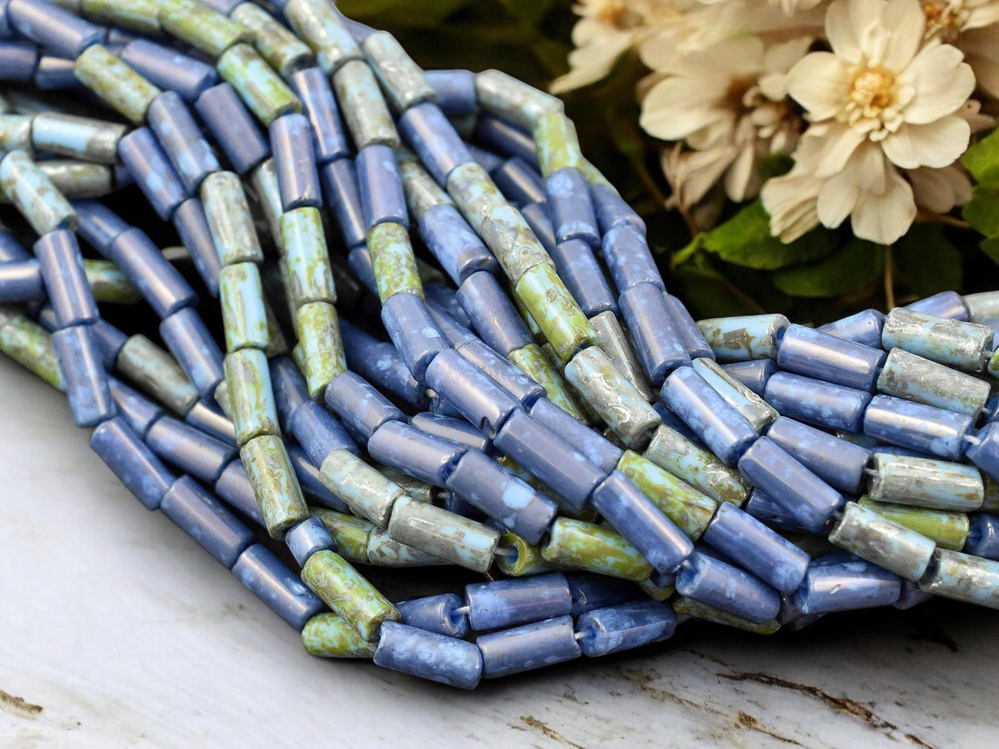 9x4mm Aged Wampum Blue Turquoise Picasso Bugle Bead Mix (21" Strand)