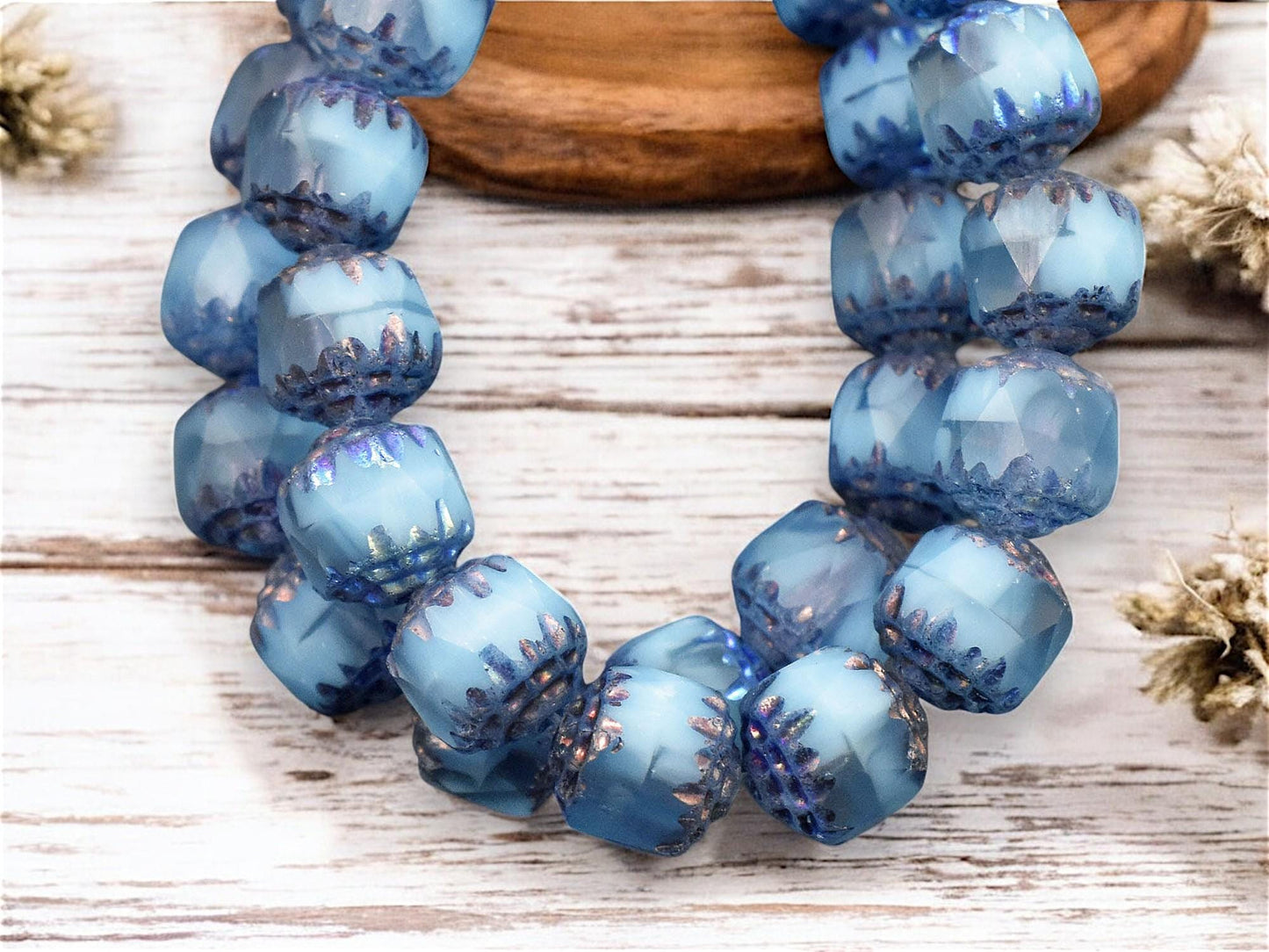 *15* 8mm Metallic Purple Washed Sky Blue Crystal Fire Polished Cathedral Beads