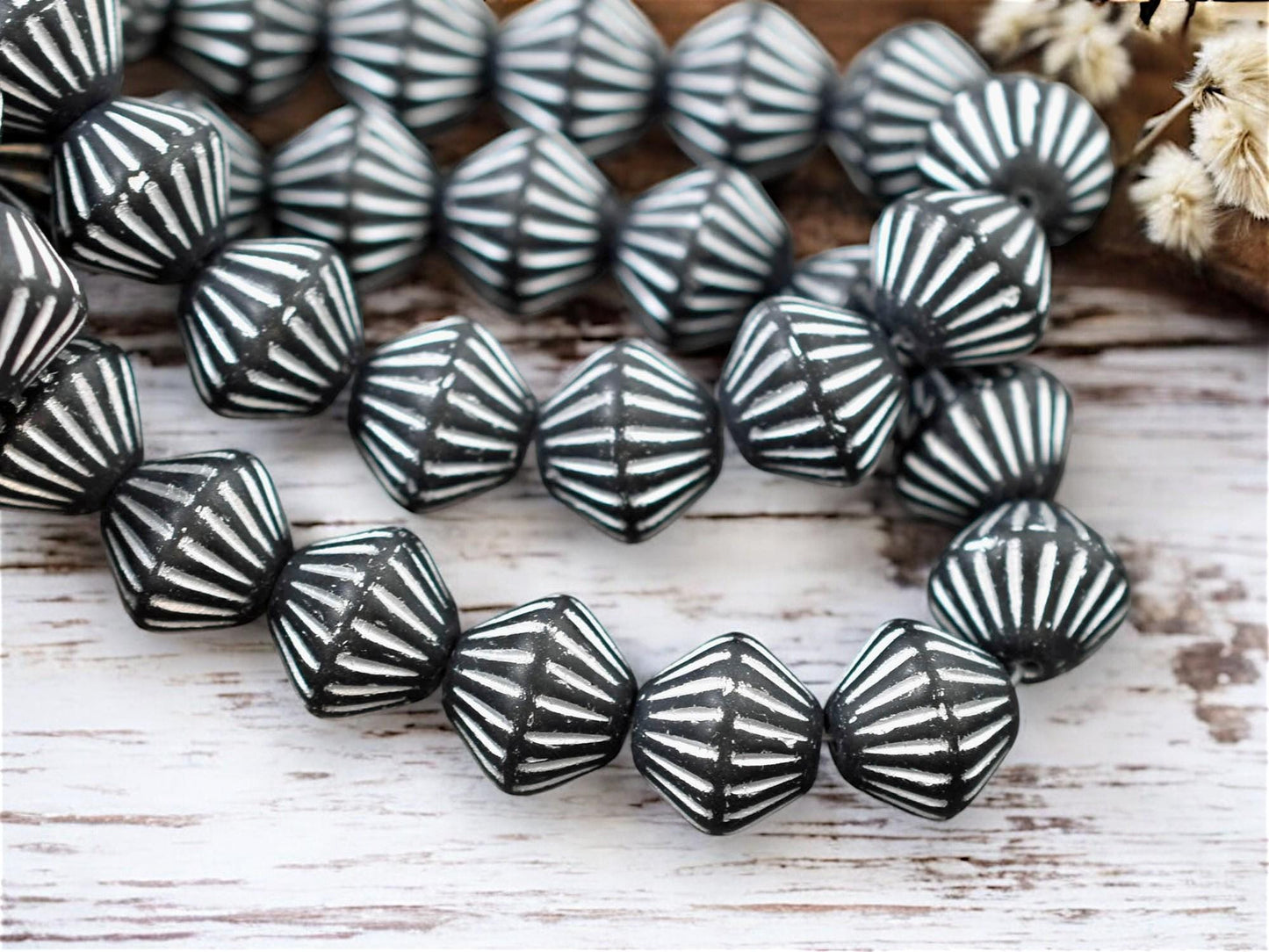 *15* 9mm Silver Washed Matte Black Carved Bicone Beads