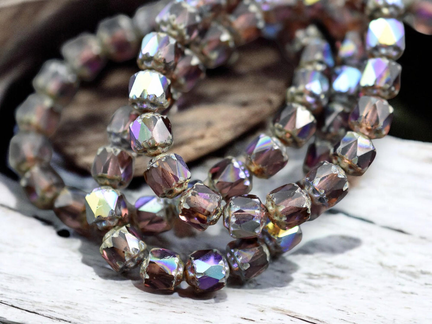 *20* 6mm Light Amethyst AB Picasso Fire Polished Cathedral Beads