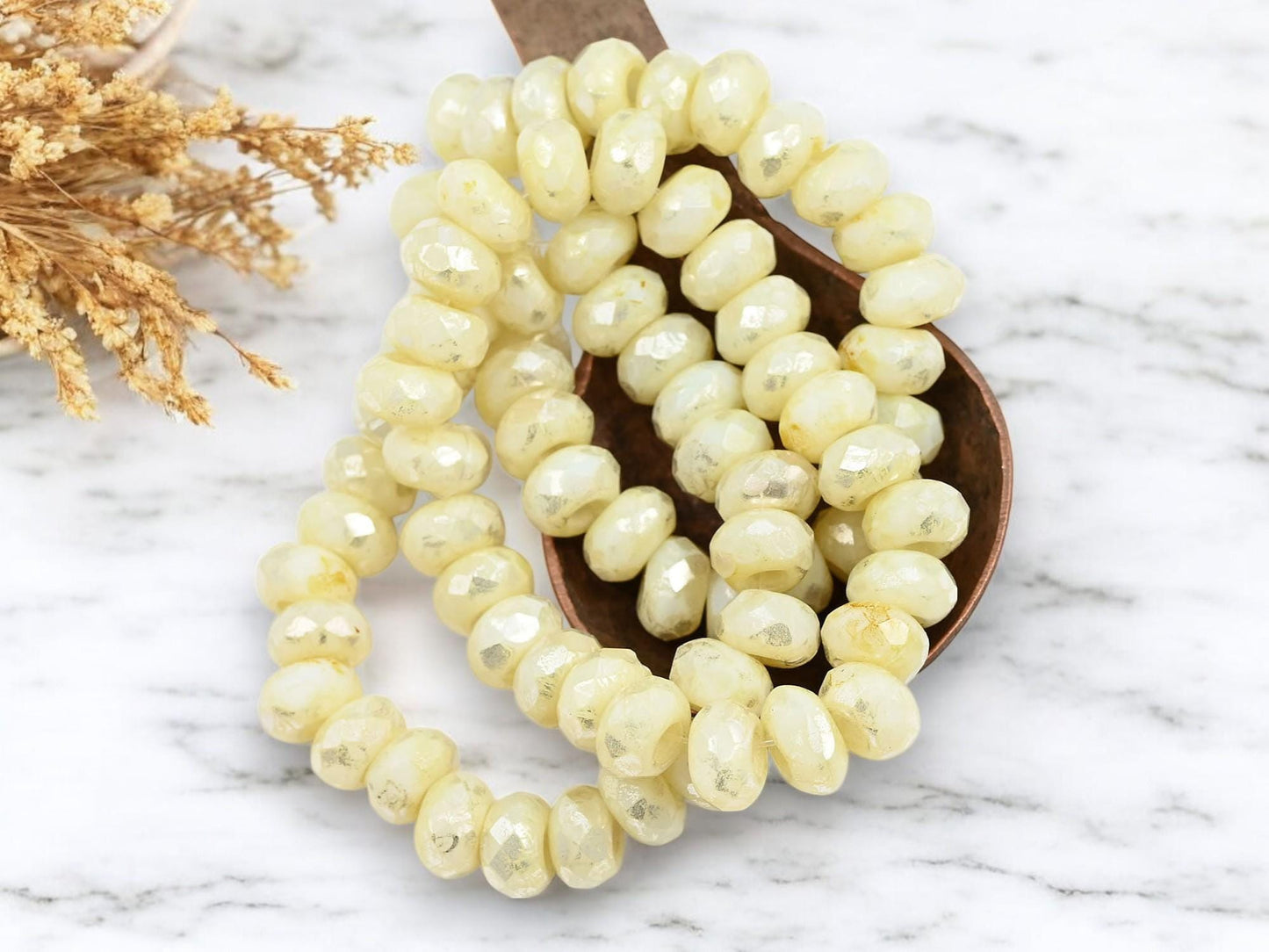 *10* 5x8mm Silver Picasso Washed Yellow Ivory Faceted Large Hole Rondelle Roller Beads